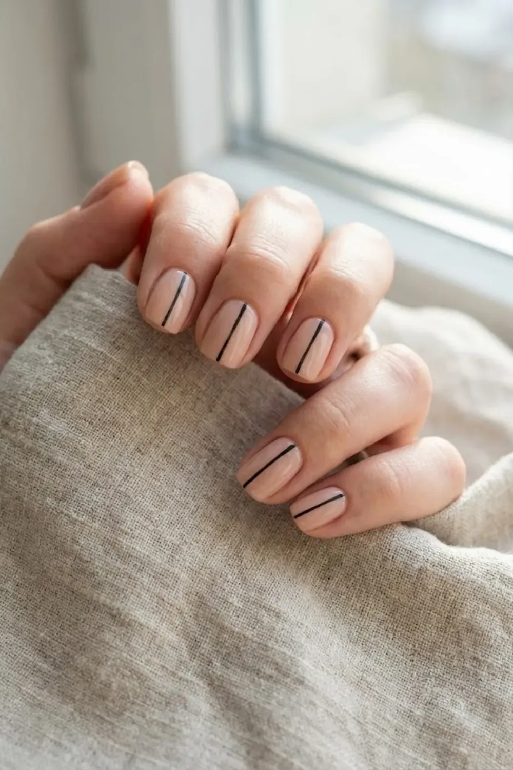 minimal-black-line-nail-art - Minimal nail art with thin black vertical lines on nude nails, modern and clean look.