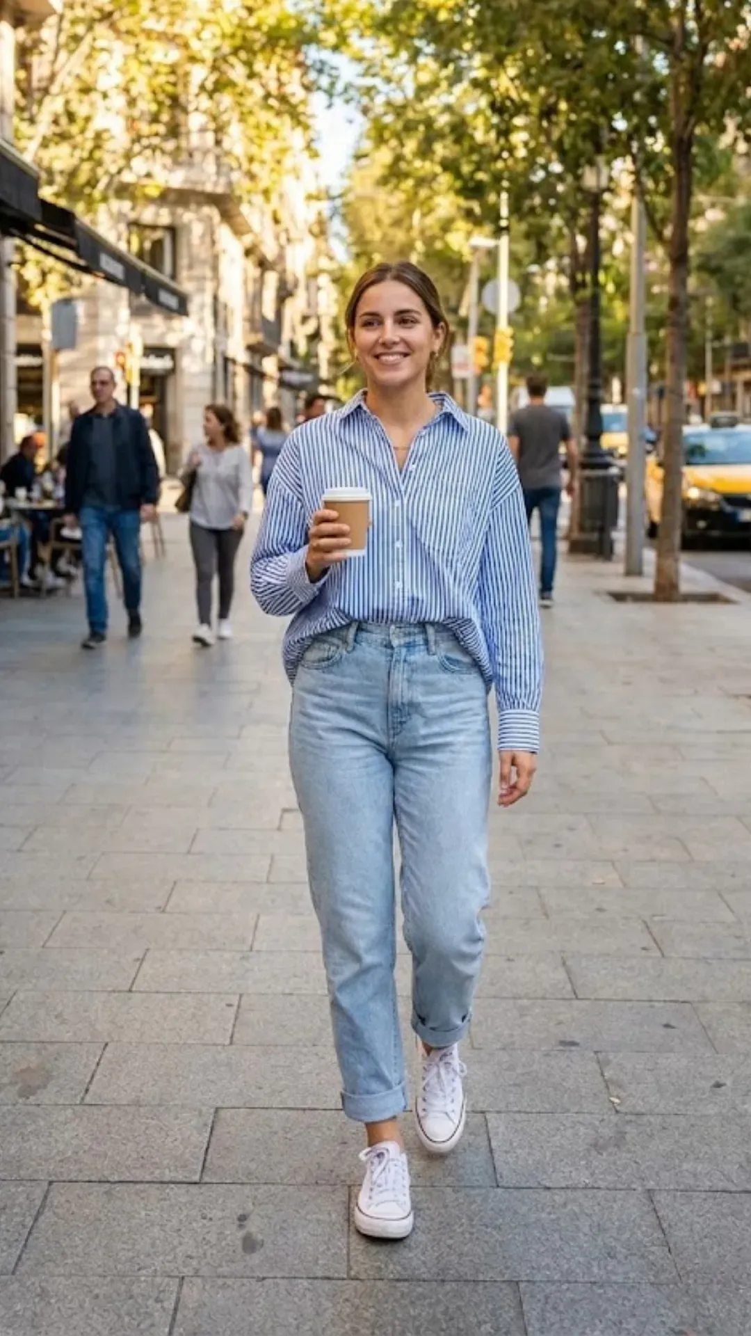 Casual Cuffed Jeans and Sneakers - Woman holding coffee wearing light-wash cuffed jeans, white sneakers, and a striped shirt on a sunny street