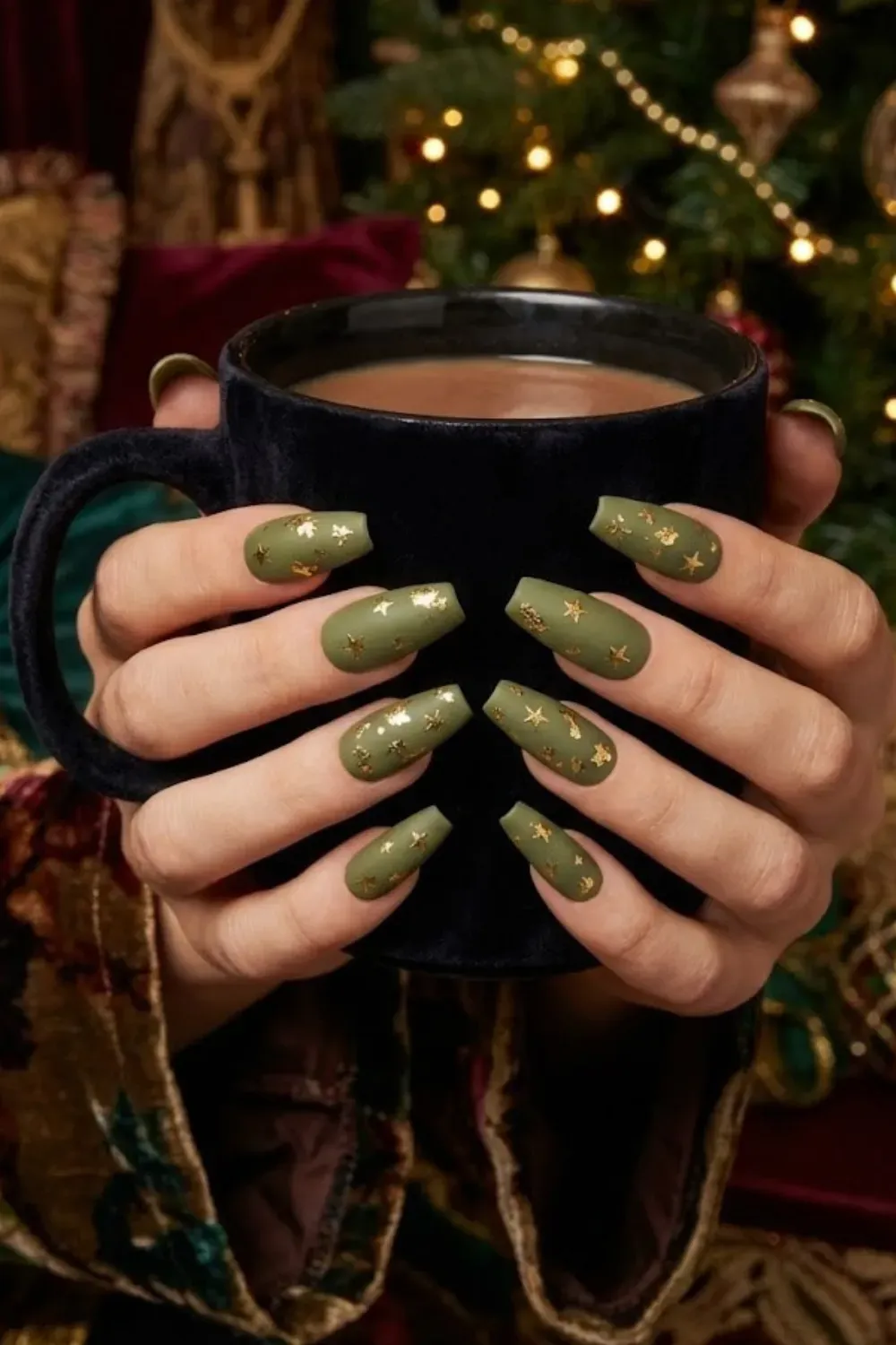 Matte Celestial Star Nails – olive green matte coffin nails with gold star confetti