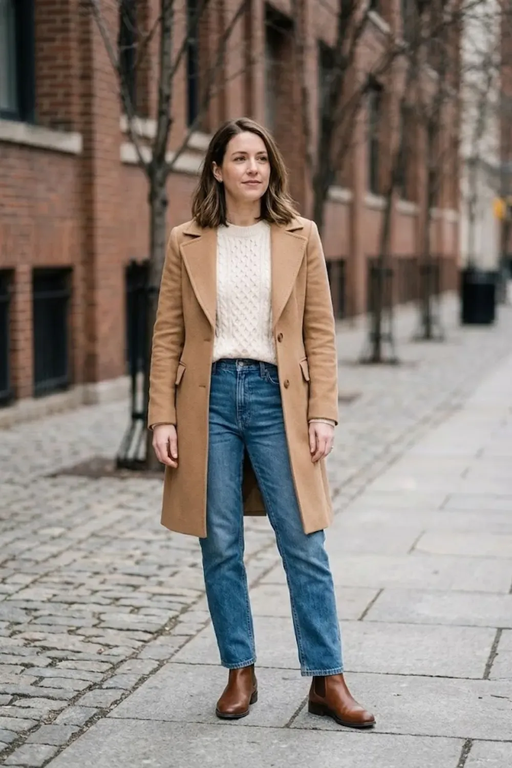 Woman standing on a street wearing a cream cable-knit sweater tucked into blue straight-leg jeans, a camel coat, and brown leather ankle boots.