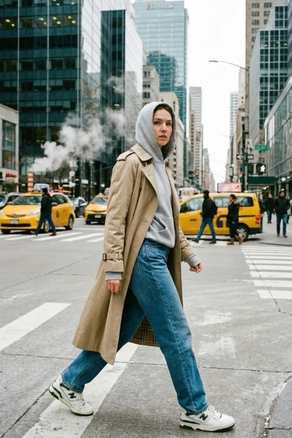 Layered Trench & Grey Hoodie - Street style look featuring a beige trench coat layered over a grey hoodie with blue jeans and green-accented sneakers.
