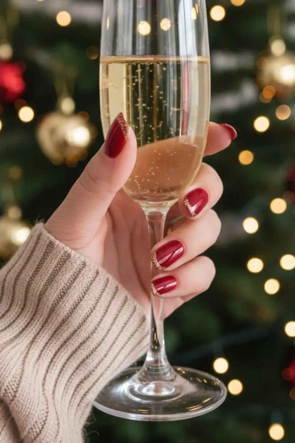 Red Nails with Gold Glitter Tips - Hand holding a champagne glass featuring red nails with dipped gold glitter French tips