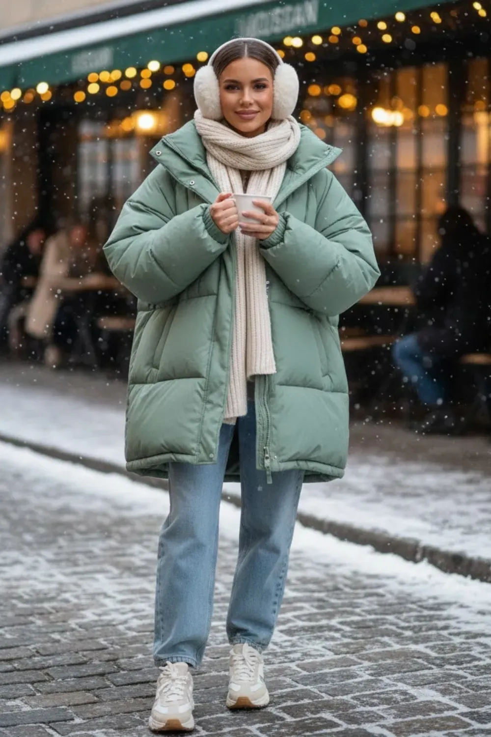 Sage Green Oversized Puffer Earmuffs / Trendy Korean winter style 2026