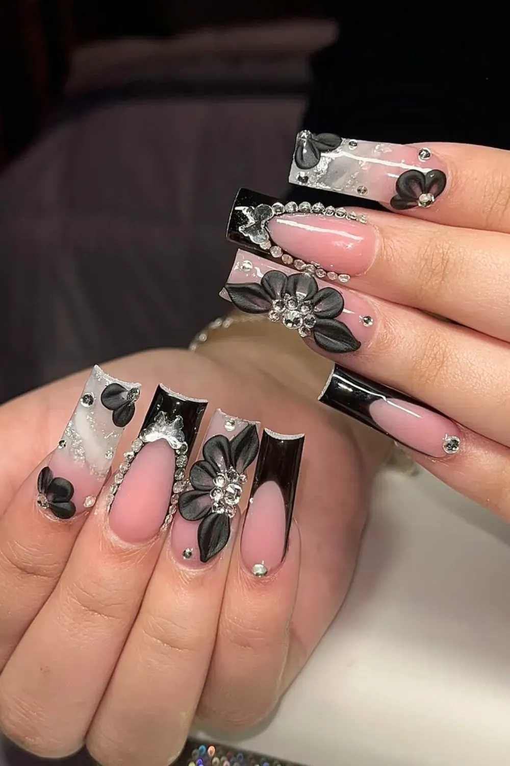 Glam Pink and Black 3D Florals	Long square nails with 3D flowers and pink marble