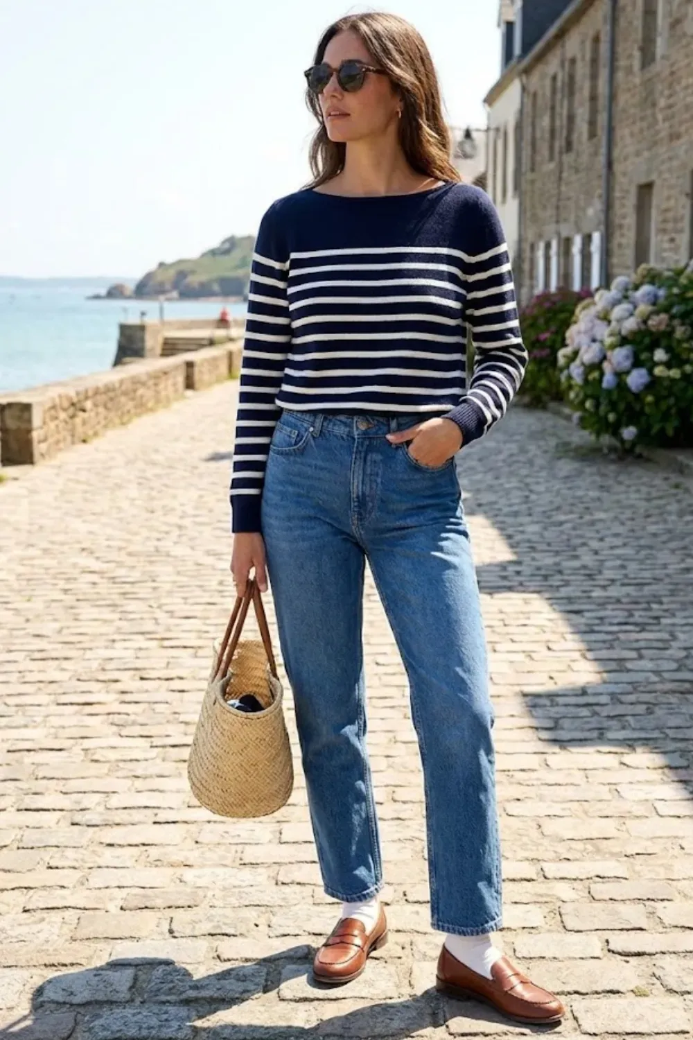 Classic navy and white Breton stripe sweater with denim coastal quiet luxury style.