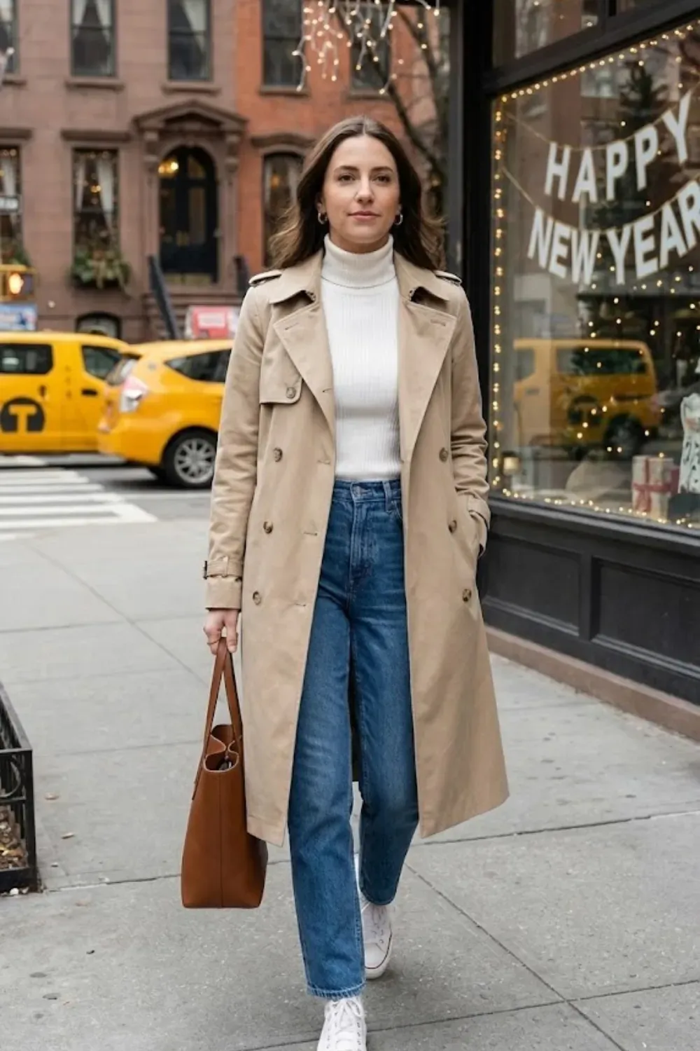 Classic Trench & White Sneakers – Street style look with a beige trench coat, white turtleneck, blue jeans, and white converse sneakers.