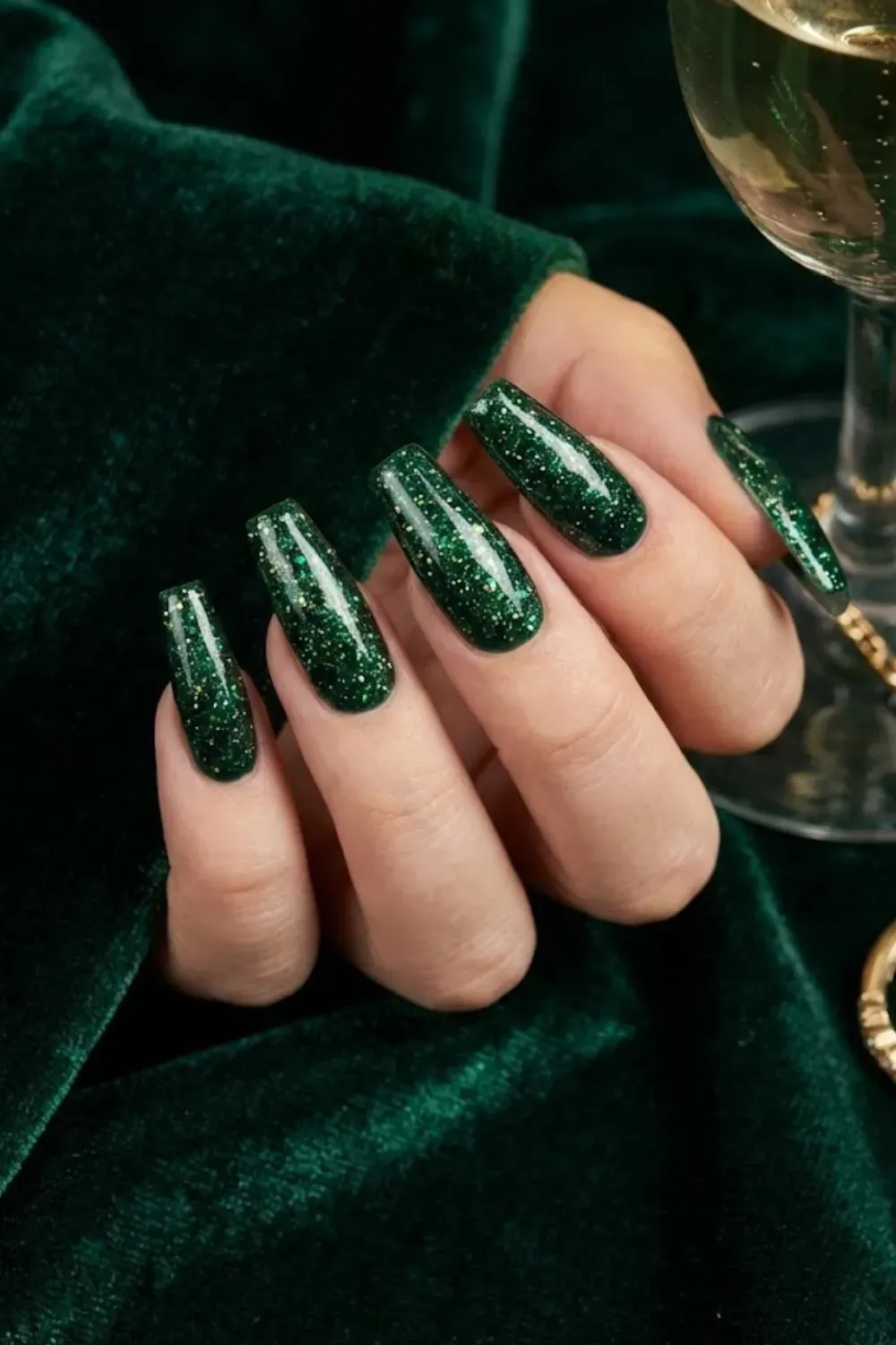 Emerald Glitter Bomb Nails – full coverage dark green glitter nails for holiday parties