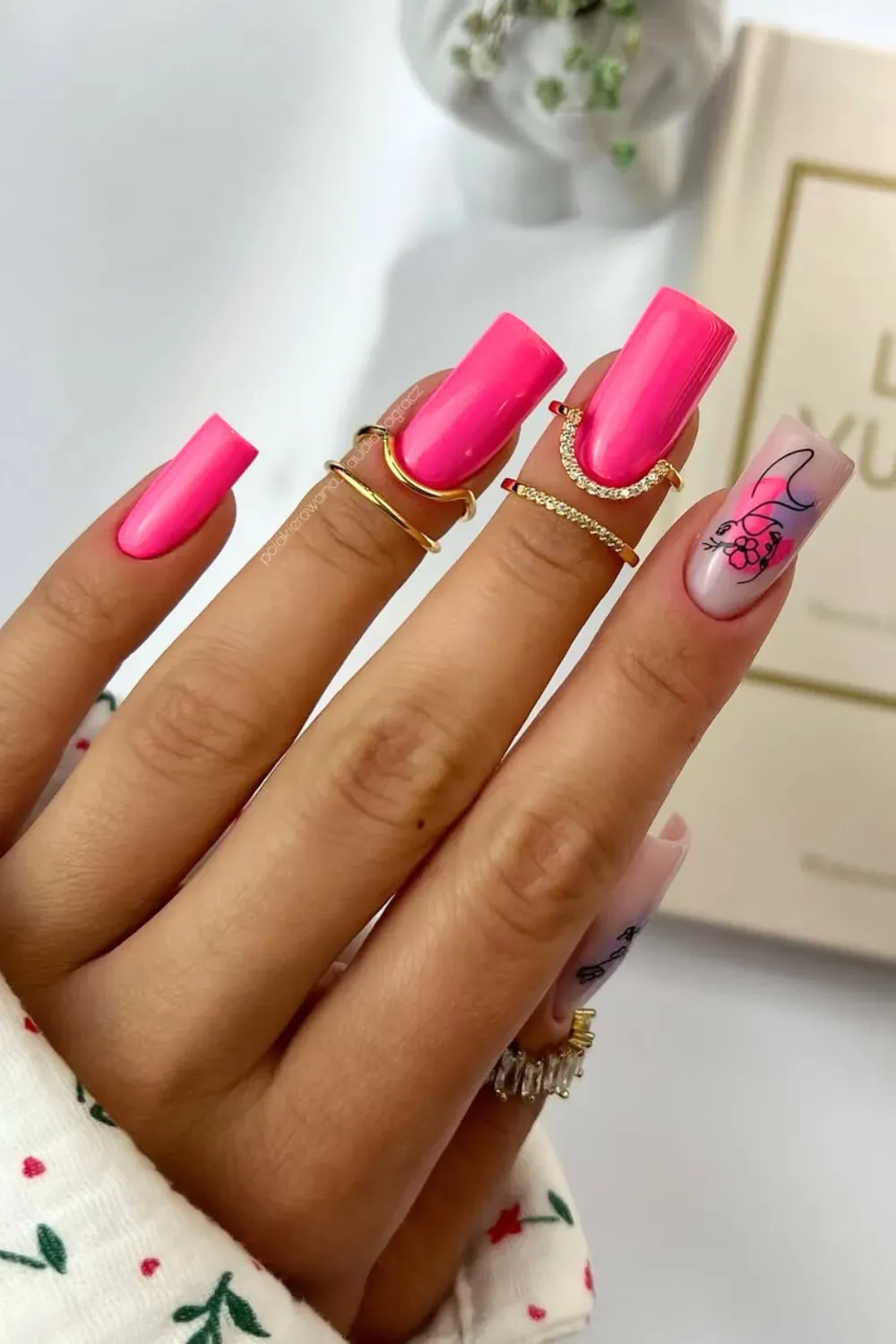 Hot Pink Abstract Art - Bright hot pink square nails with an accent nail featuring black abstract line art.