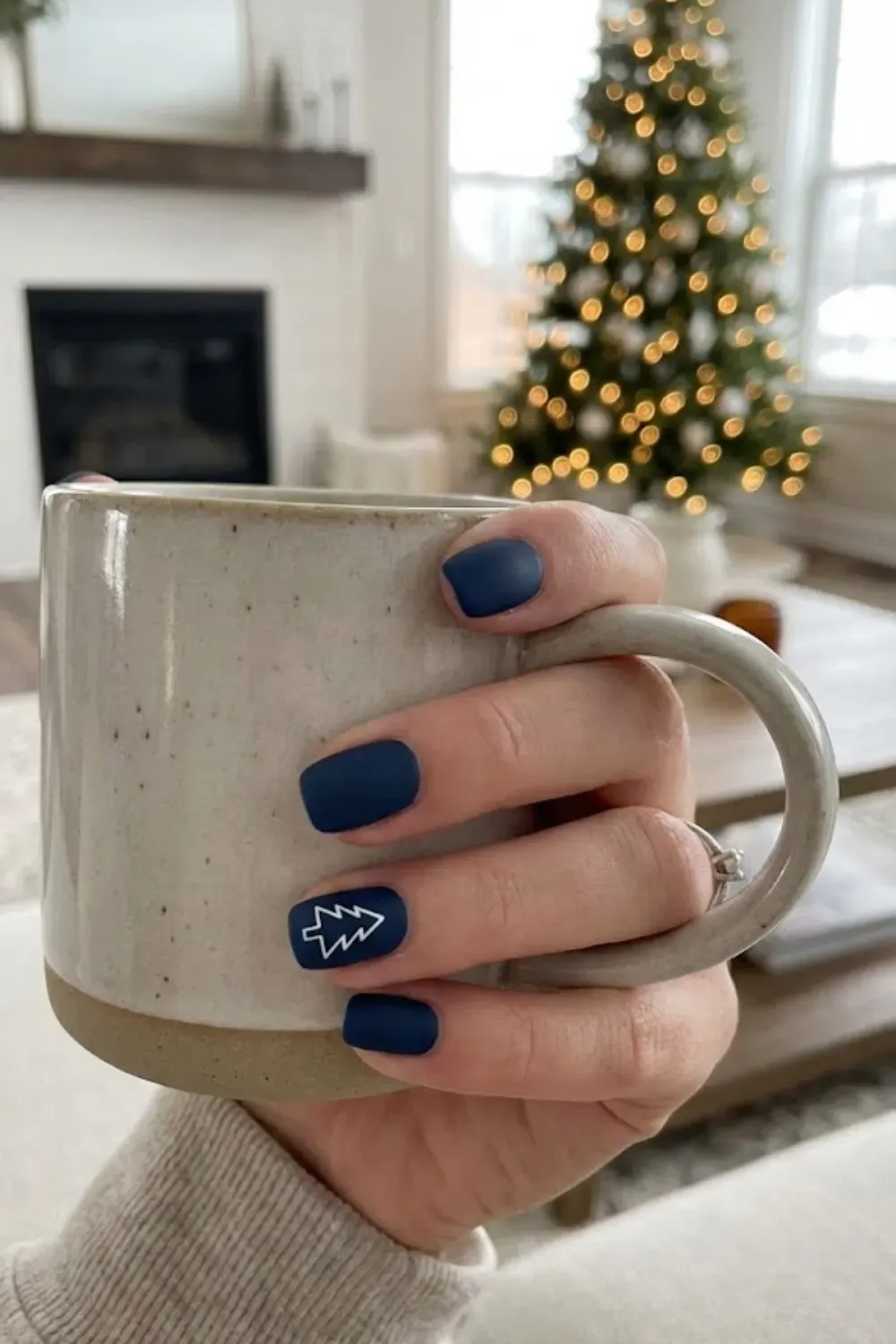 Matte Navy Minimalist Christmas Tree - square matte navy blue nails with minimal white outline Christmas tree