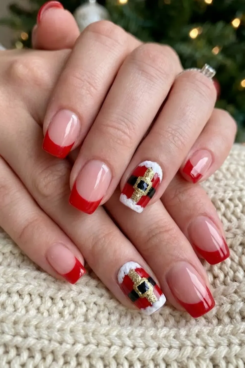 Santa Belt French Nails — square nails with red tips and accent nails designed as Santa suits with belts.