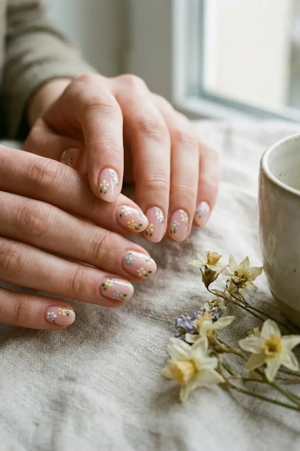 simple-flower-nail-art-dots - Beginner floral nail art using small dot flowers on a sheer pink base, spring aesthetic.