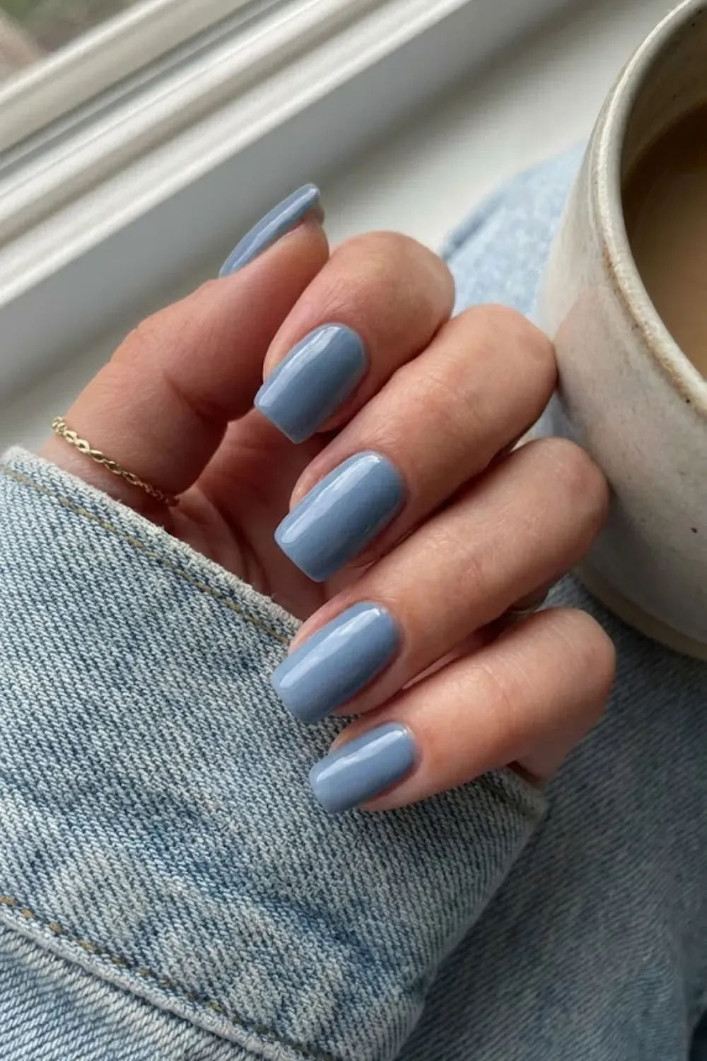 Slate Denim Blue – Muted blue grey gel nails square shape casual style