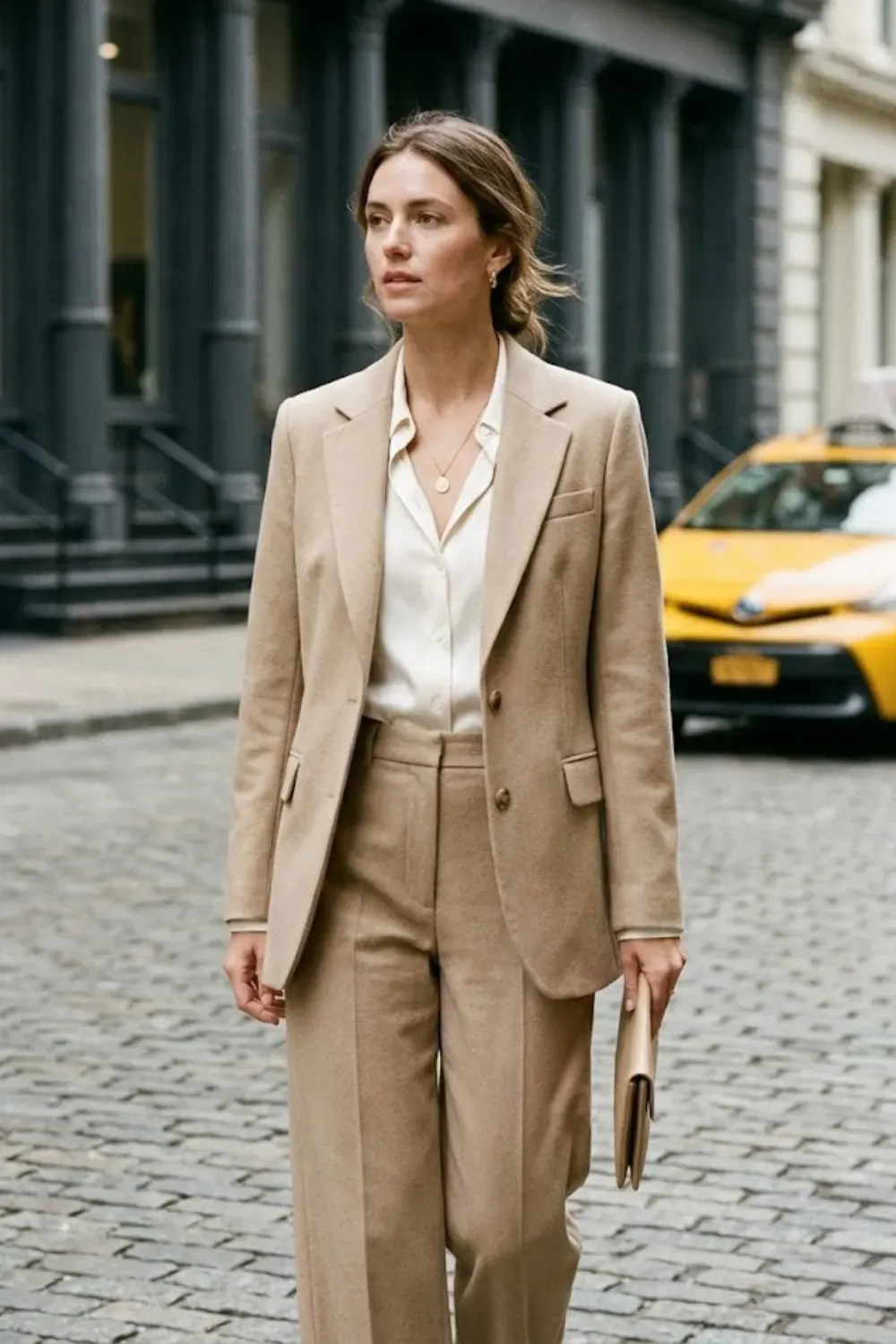 Structured Beige Wool Suit Set – Professional street style featuring a woman walking on a sidewalk wearing a tailored beige wool blazer and matching trousers with black ankle boots.