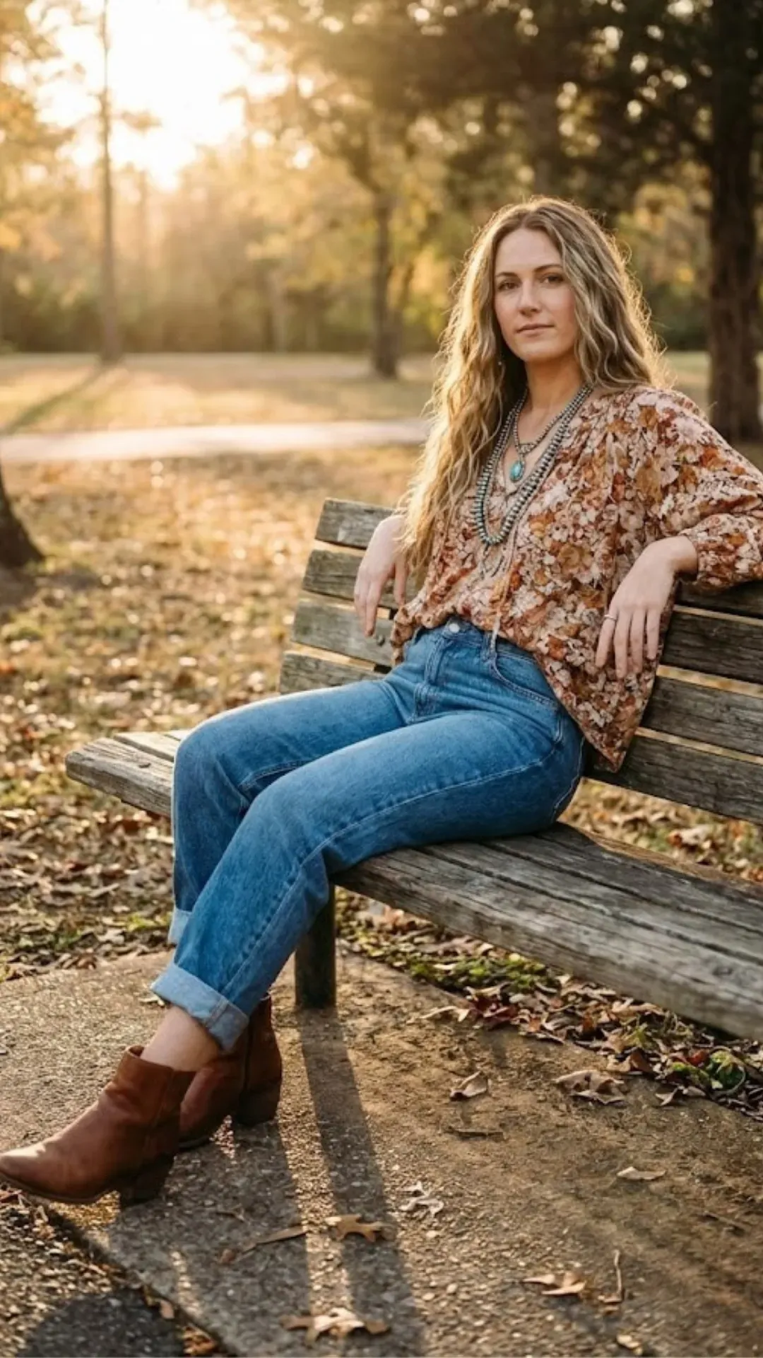 Boho Style Cuffed Jeans - Woman sitting on a bench wearing high-waisted cuffed jeans, a floral blouse, and brown ankle boots in golden hour lighting