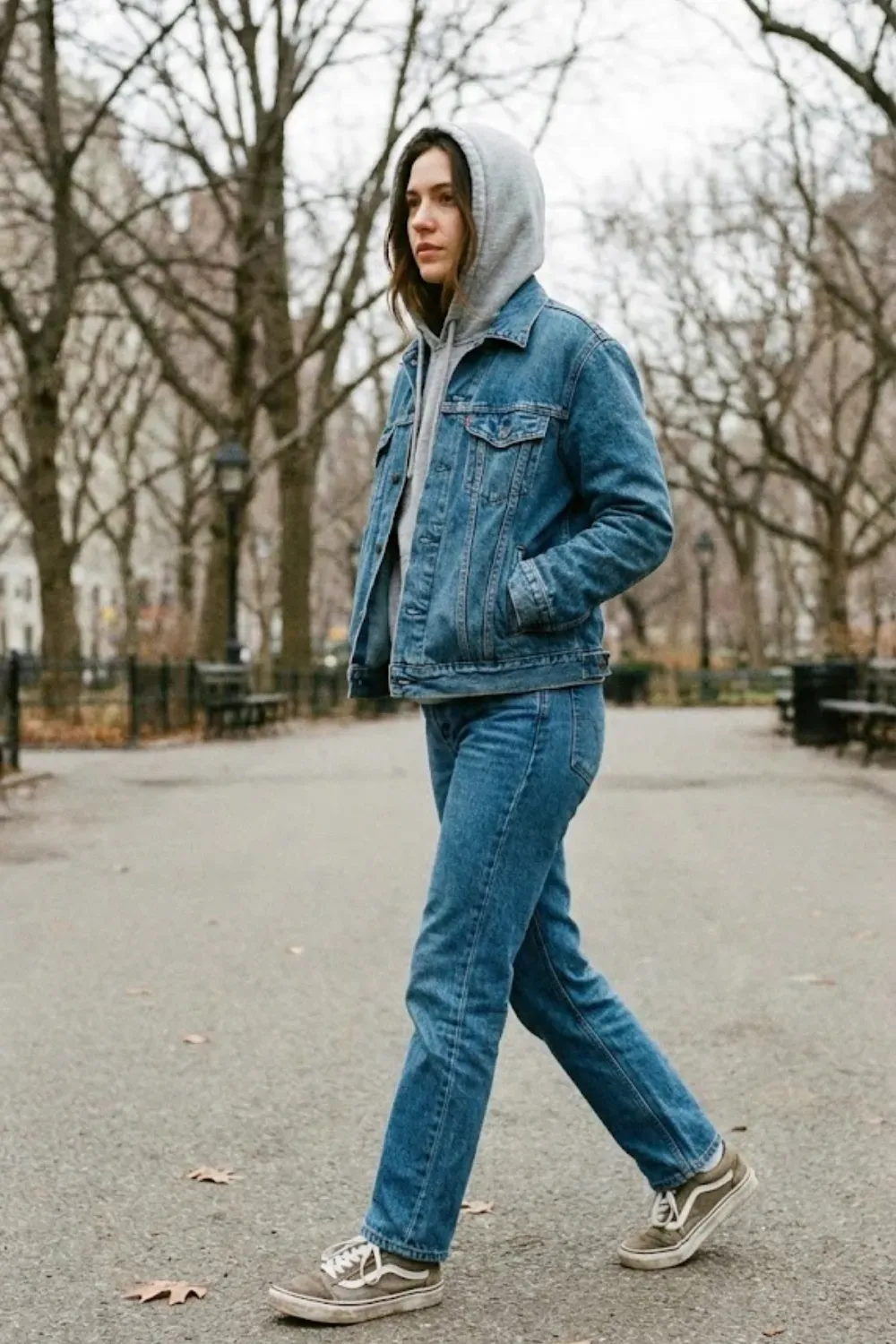 Denim Jacket & Hoodie Layering - Classic layers with a blue denim jacket worn over a grey hoodie and jeans with sneakers.