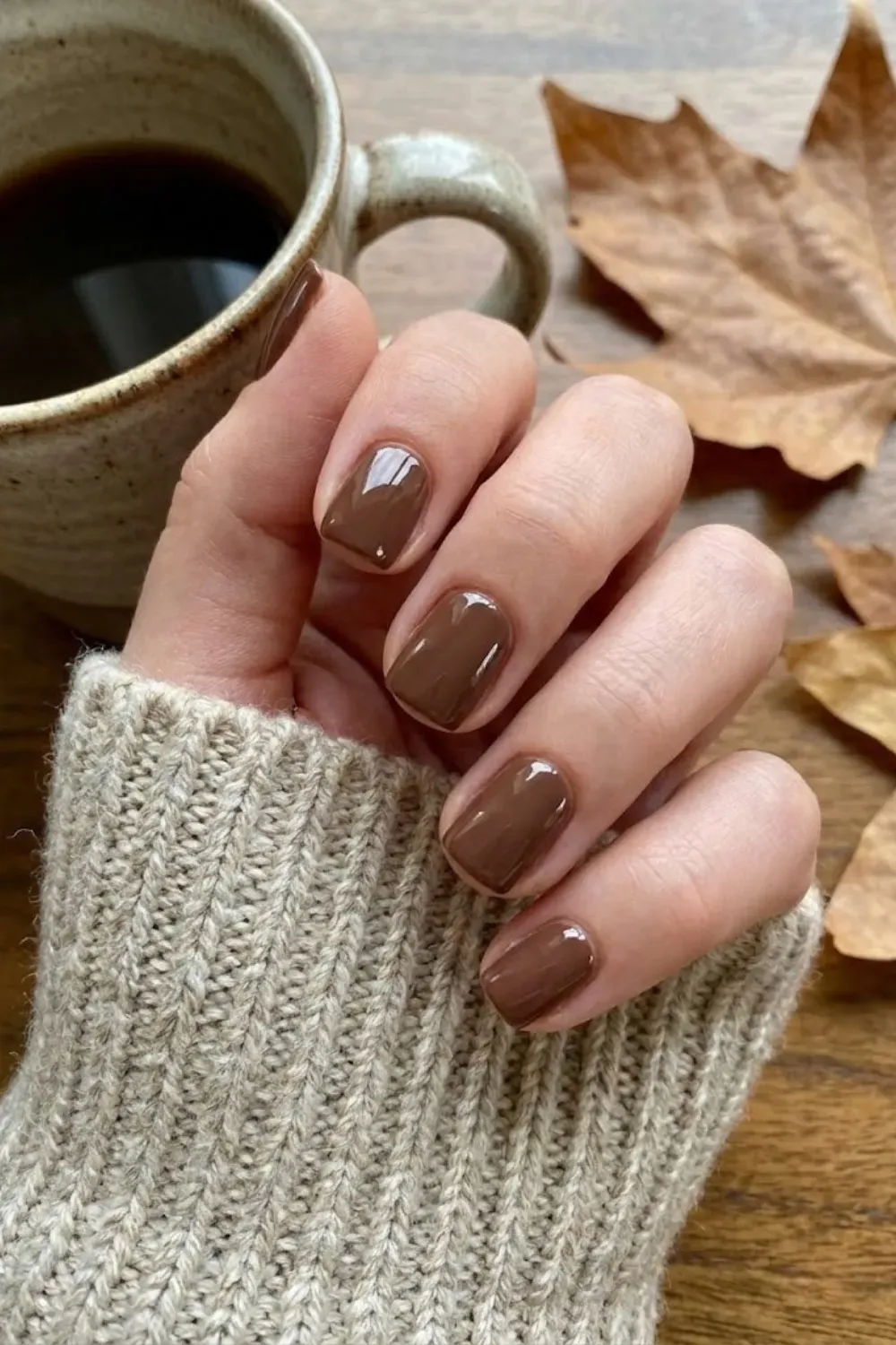 Glossy Mocha Brown Square - Short square nails painted in a rich, glossy mocha brown cream color, ideal for fall minimalist style.