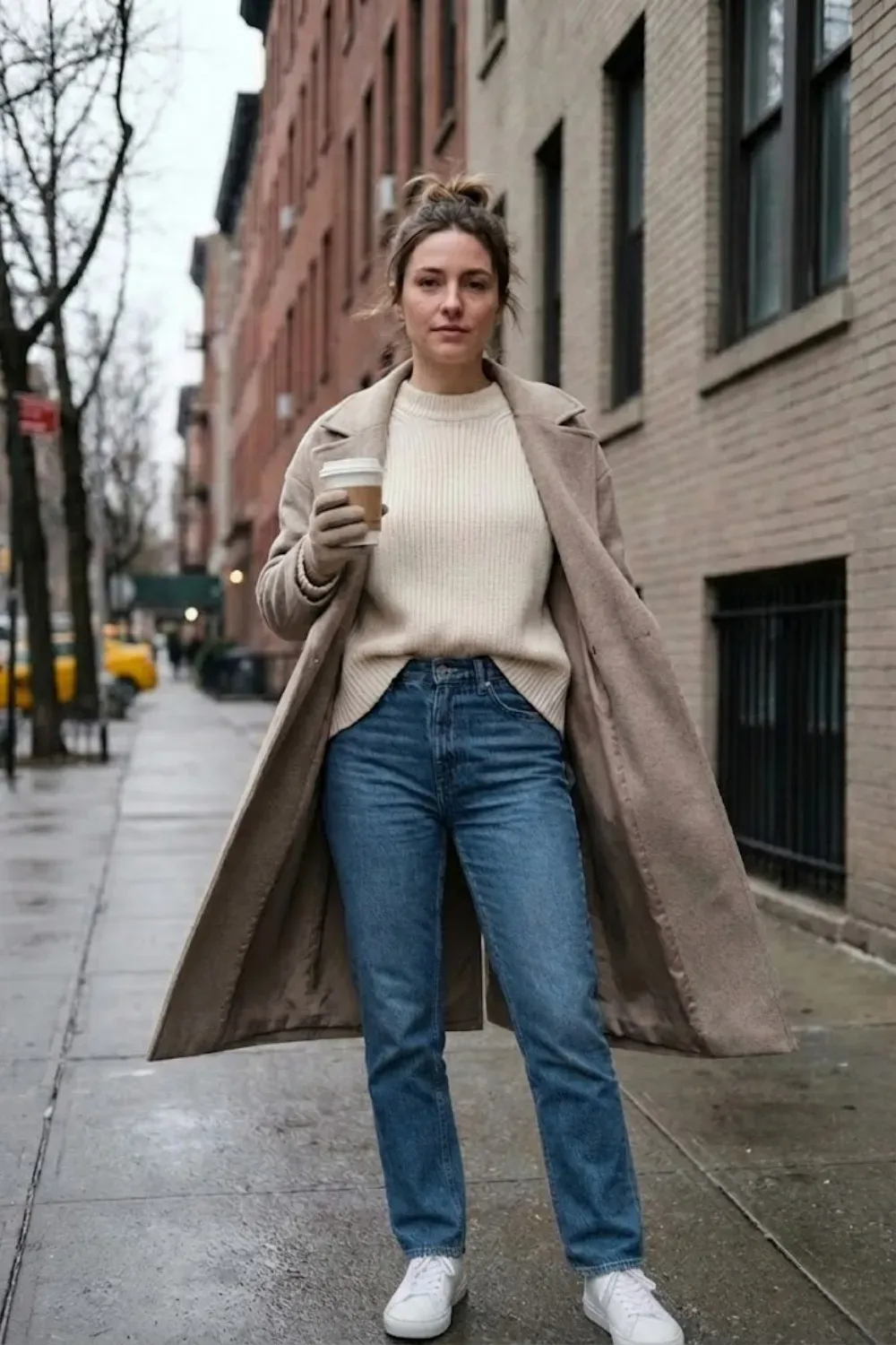 Woman standing on a sidewalk holding a coffee cup, wearing a ribbed cream sweater, high-waisted blue jeans, white sneakers, and a long beige wool coat.
