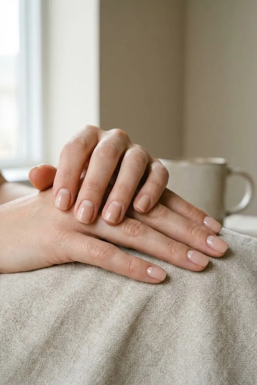 negative-space-half-moon-manicure - Minimal half-moon nail design on short nude nails, clean and modern manicure.