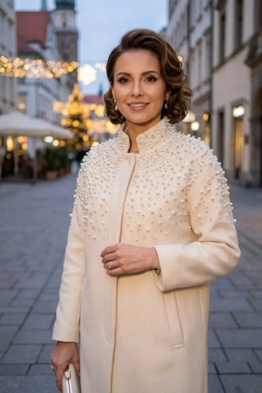 Pearl Embellished Cream Winter Coat / Elegant sparkling holiday coat trends