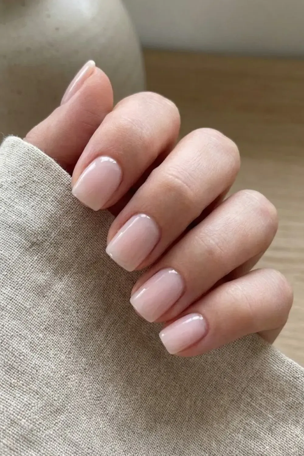Sheer Pale Pink Clean Girl Nails – Short squoval nails with a translucent pale pink polish, creating a minimalist clean girl look.