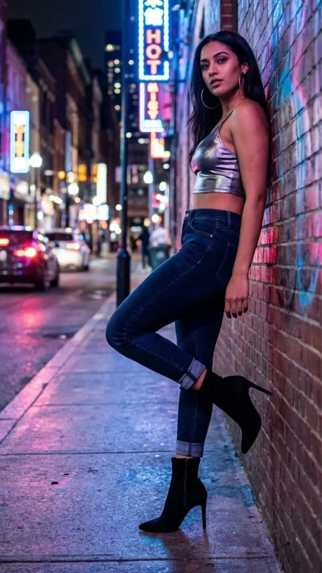 Edgy Night Out Denim - Woman in dark cuffed jeans and a metallic top leaning against a neon-lit wall at night