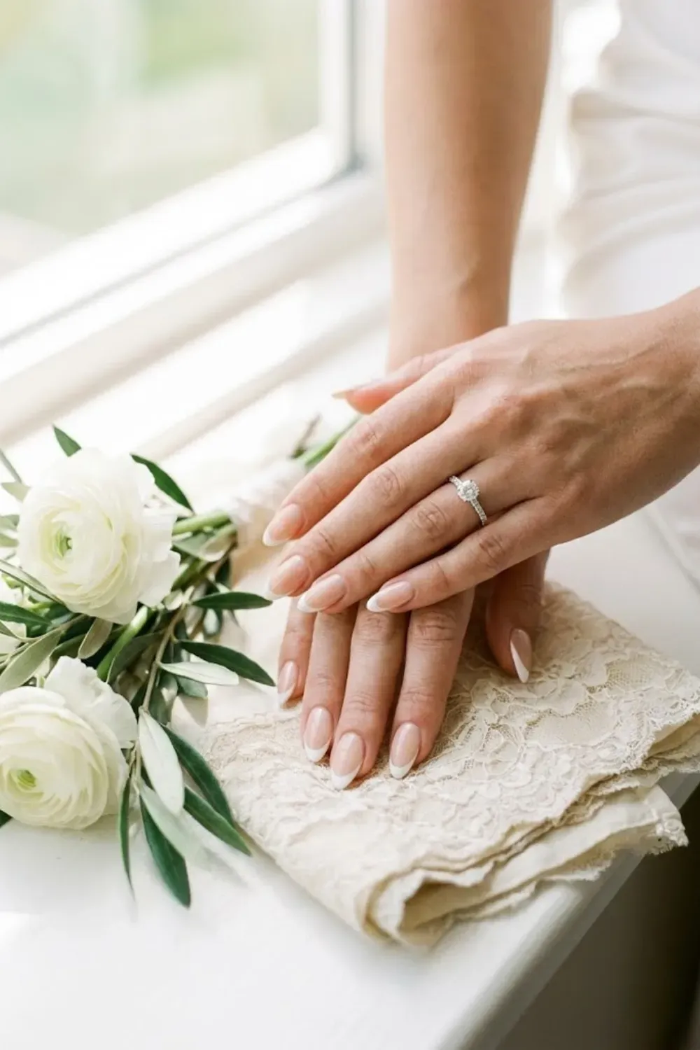 Classic White Tip Almond French - Clean, simple almond shape with traditional white tips.