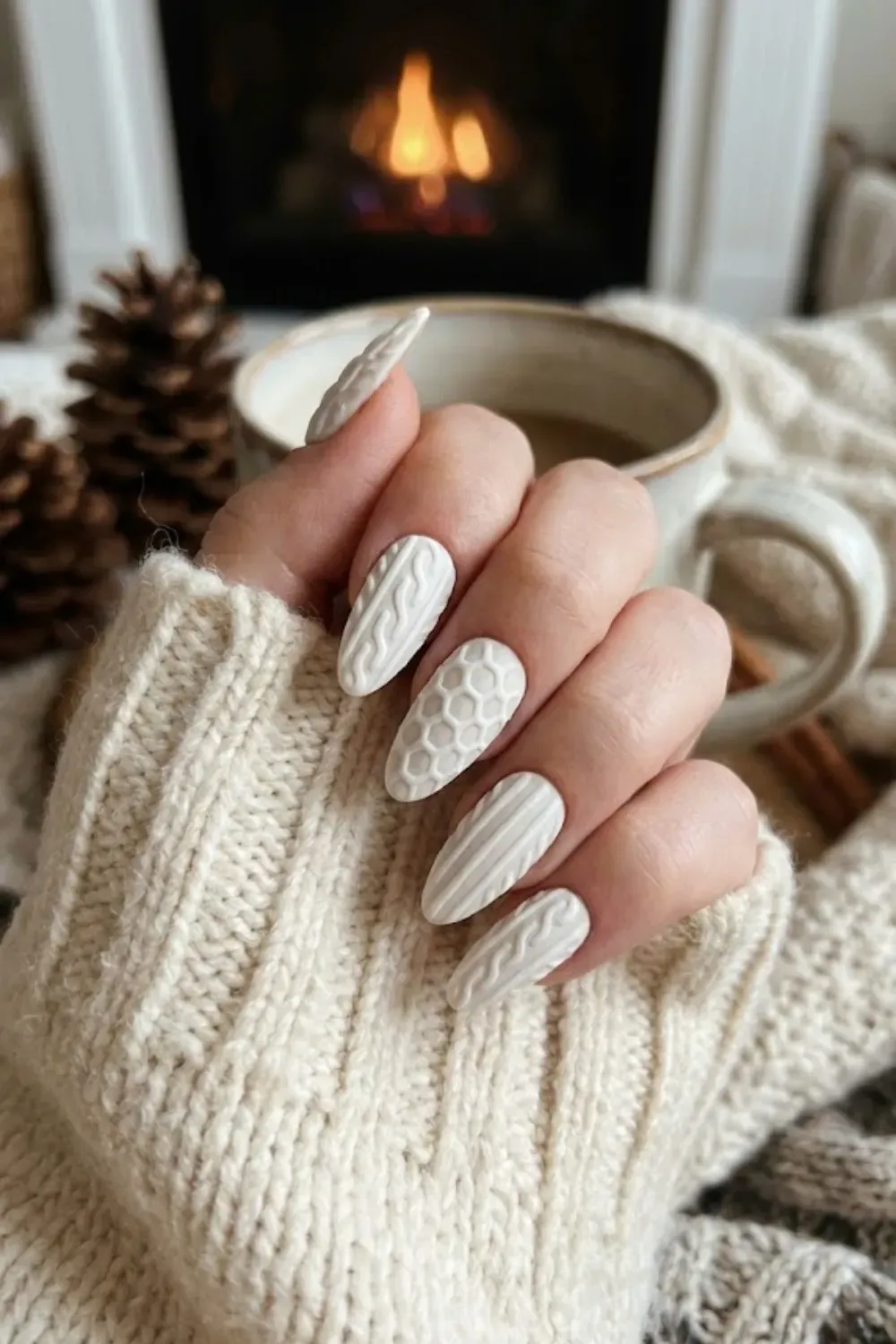 3D White Cable Knit Sweater Nails - Close up of almond nails featuring a matte white 3D texture mimicking a cozy cable knit sweater pattern.