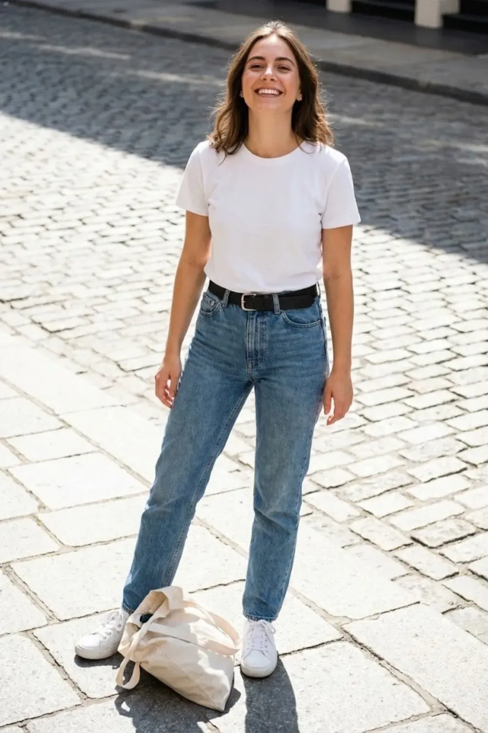 Vintage wash high-waisted straight-leg jeans with white tee and black leather belt flatlay.