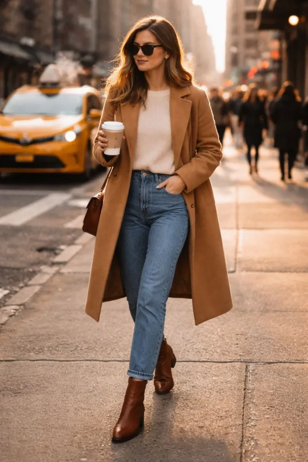 Camel Coat & Ankle Boots - Chic city winter outfit with a camel wool coat, white sweater, blue jeans, and brown leather ankle boots.