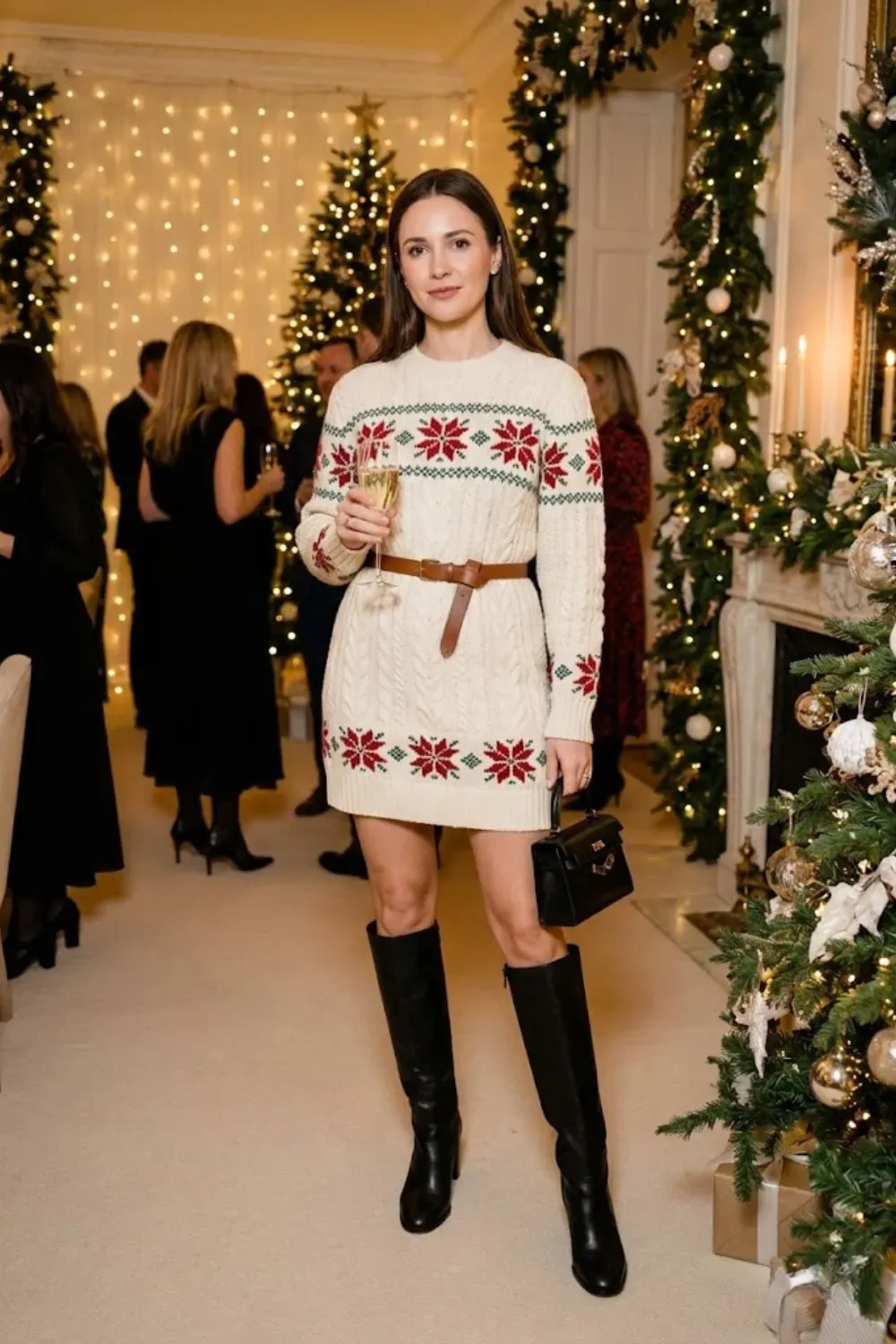 Woman wearing cream fair isle sweater dress belted with knee high boots for chic holiday party look