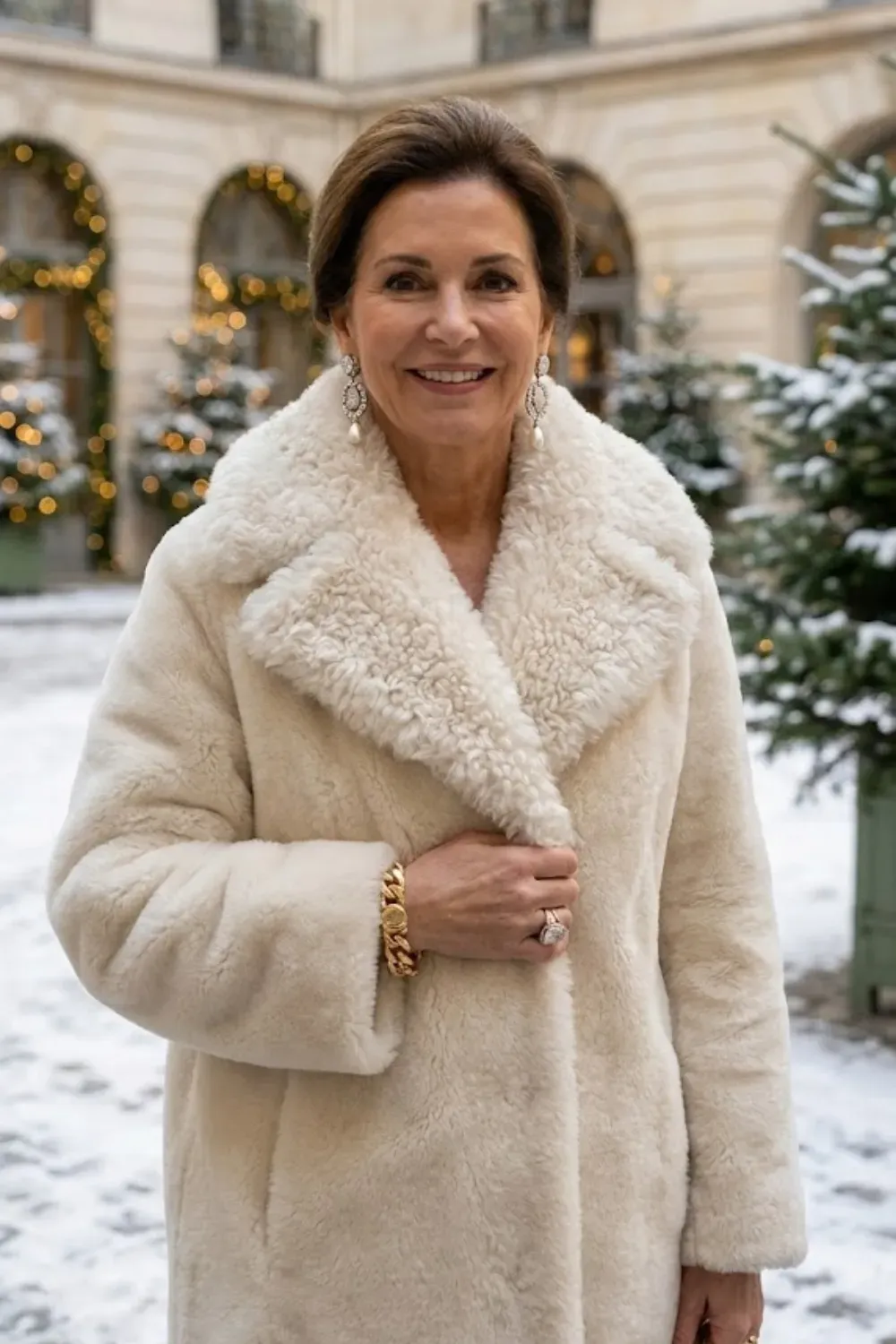 Ivory Textured Shearling Fur Coat / Lavish winter aesthetic outfit