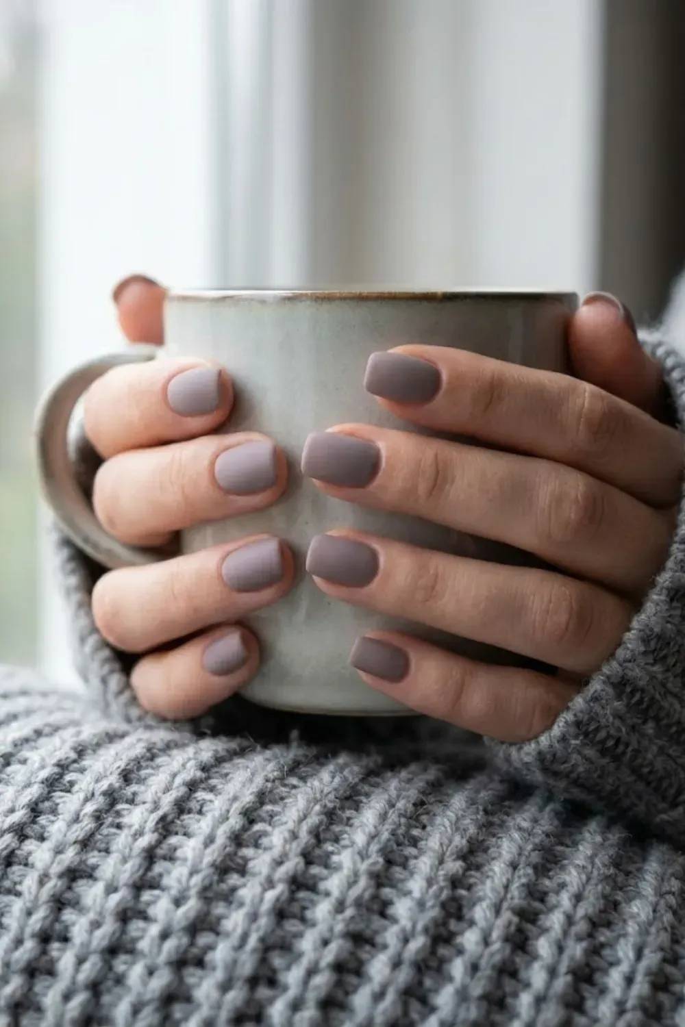 Matte Cool Taupe Squoval - Chic short squoval nails with a velvety matte top coat over a cool-toned taupe polish.
