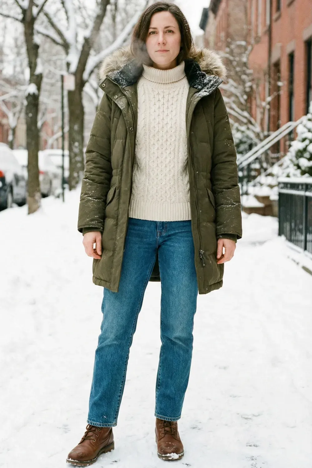 Full-body winter shot of a woman standing in snow wearing an olive green parka with a fur-lined hood, a cream cable-knit sweater, blue jeans, and brown lace-up winter boots.