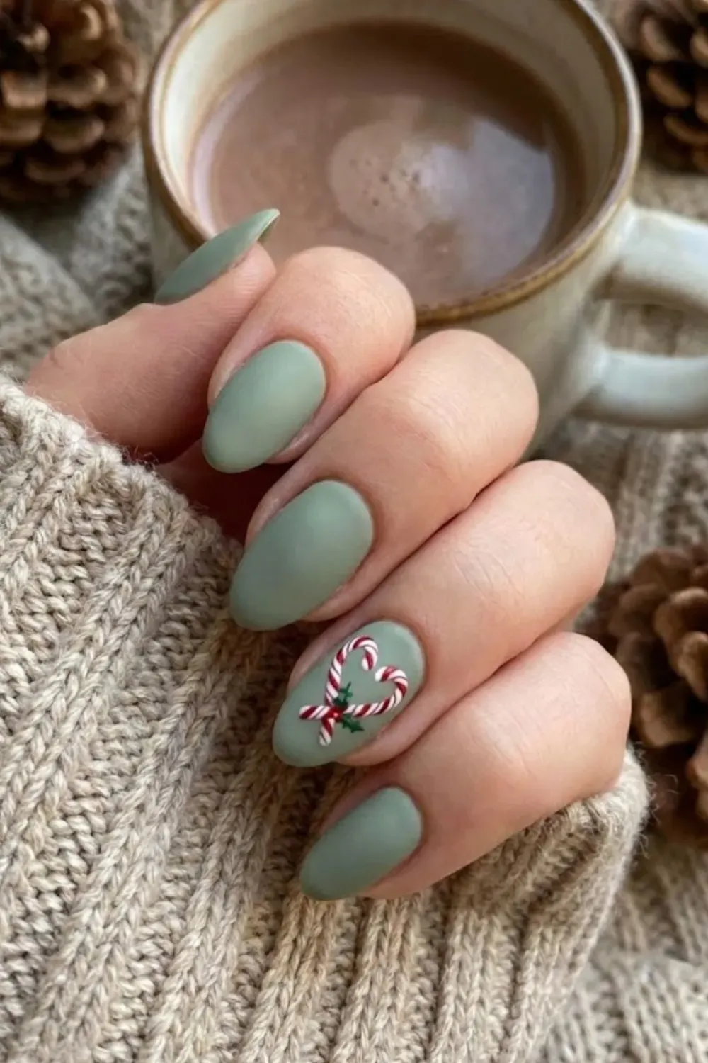 Sage Candy Cane Heart Nails – matte sage green oval nails with candy cane heart accent for Christmas