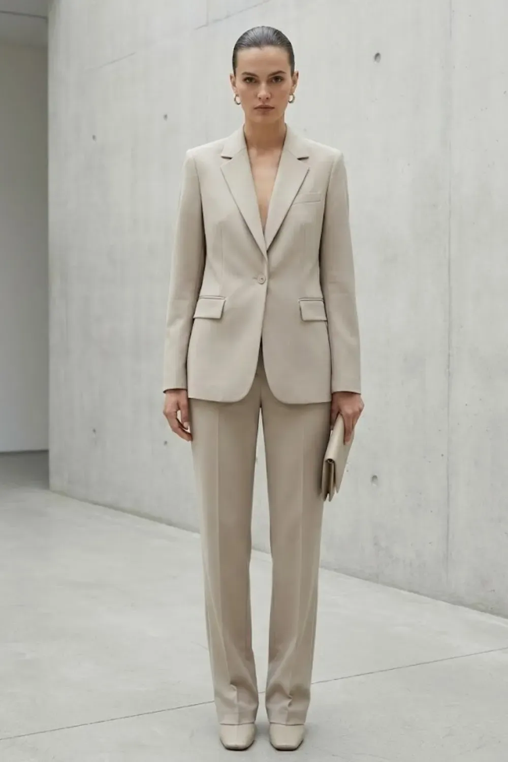 Sleek Champagne Tailored Suit – Minimalist fashion portrait of a woman wearing a sleek champagne-colored suit with a deep V-neck blazer and matching trousers, holding a clutch in a concrete space.