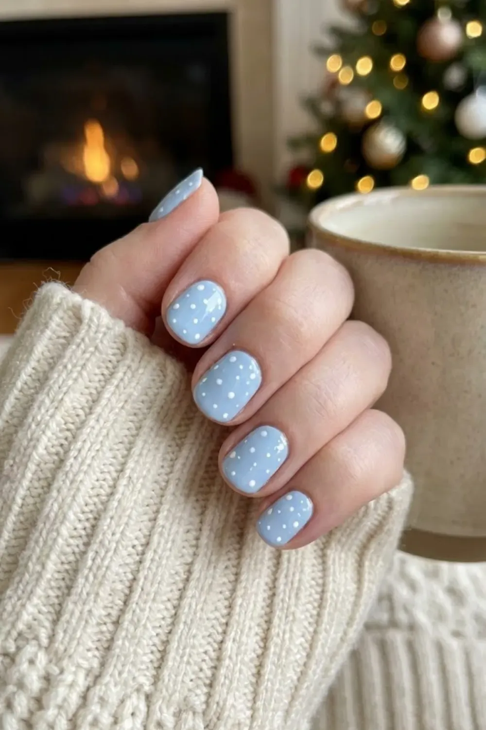 Soft Baby Blue Snow Dots - short square baby blue nails with white polka dot snow pattern
