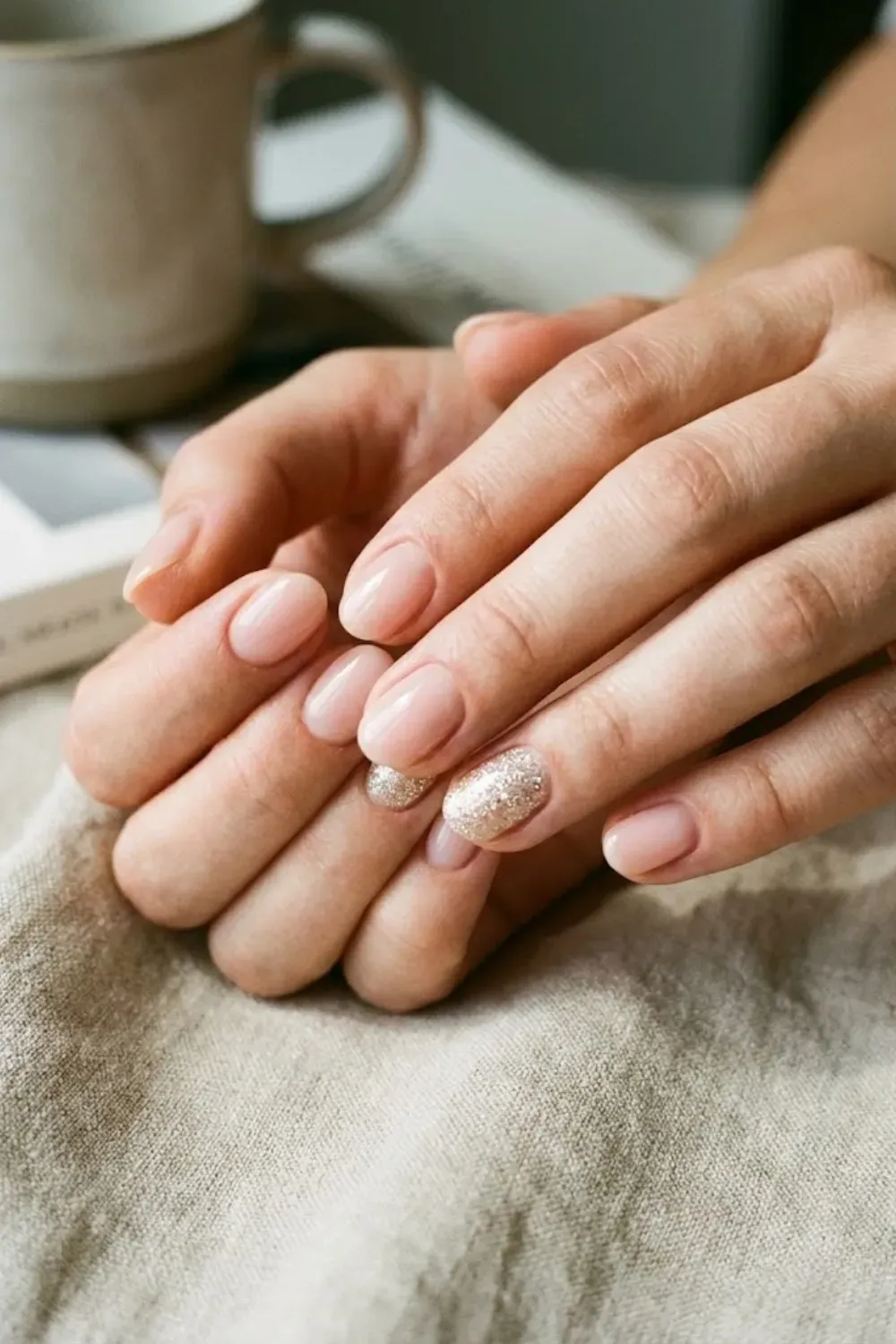 soft-nude-nails-glitter-accent - Soft nude manicure with one glitter accent nail, minimal glam aesthetic.