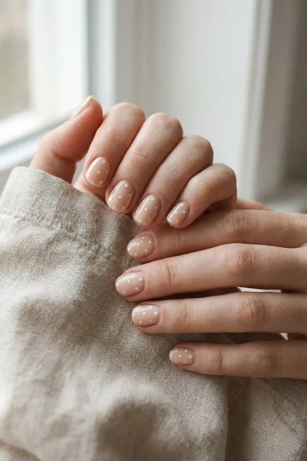 nude-nails-with-white-polka-dot - Short nude nails with small white polka dots, beginner-friendly nail art design