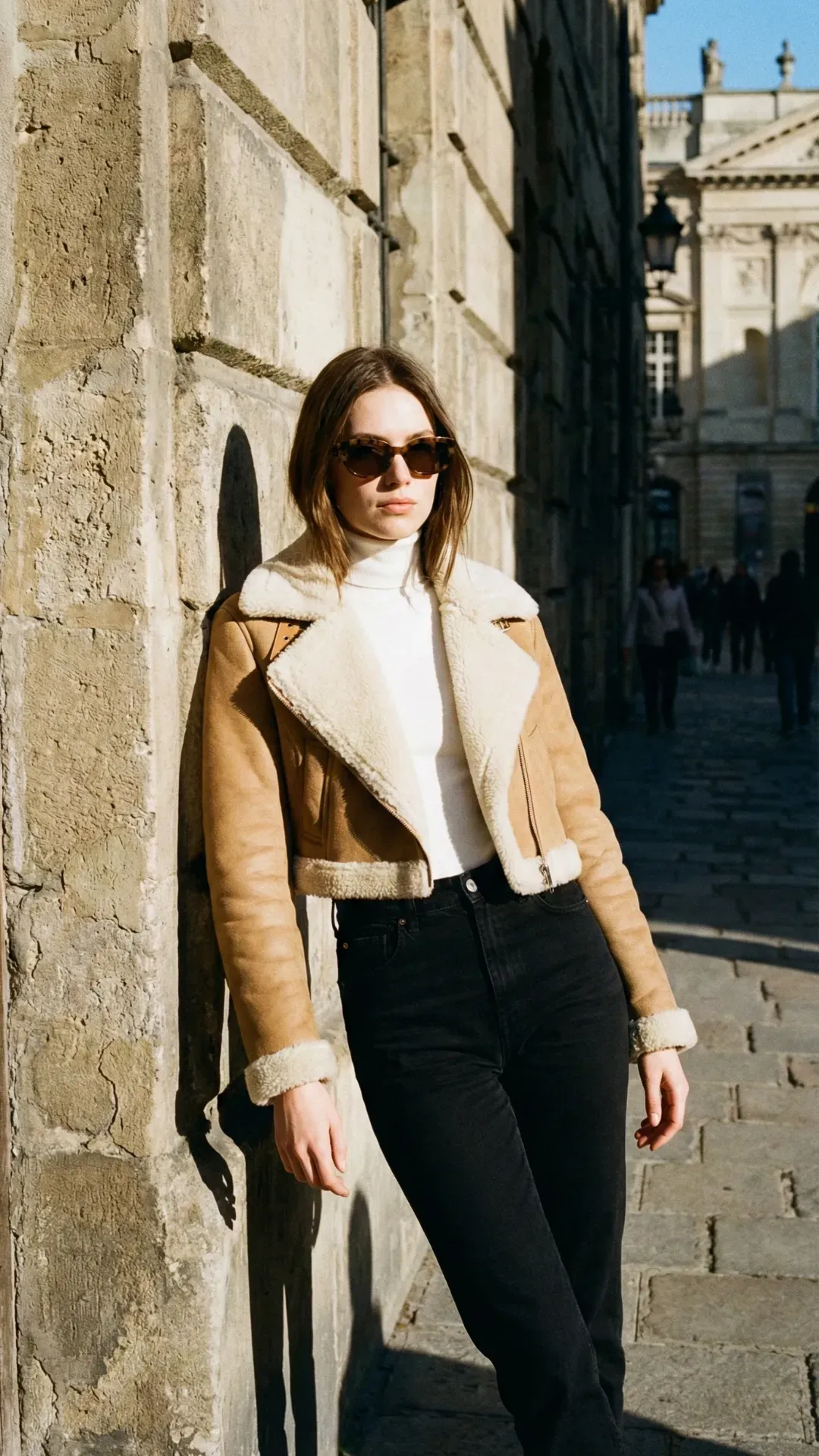 Cropped Tan Shearling Biker Jacket – Fashion-forward woman in a cropped tan shearling jacket and white turtleneck leaning on a stone wall.