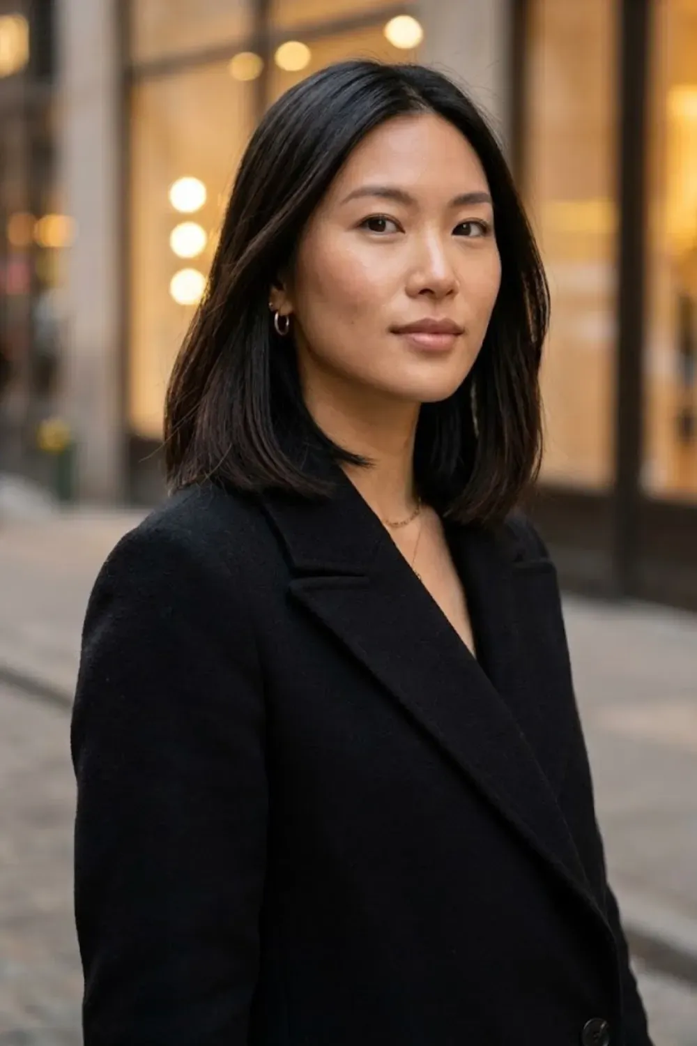 Sleek Soft Black Bob – Woman with a sleek, glossy soft black bob haircut wearing a black coat outdoors in winter