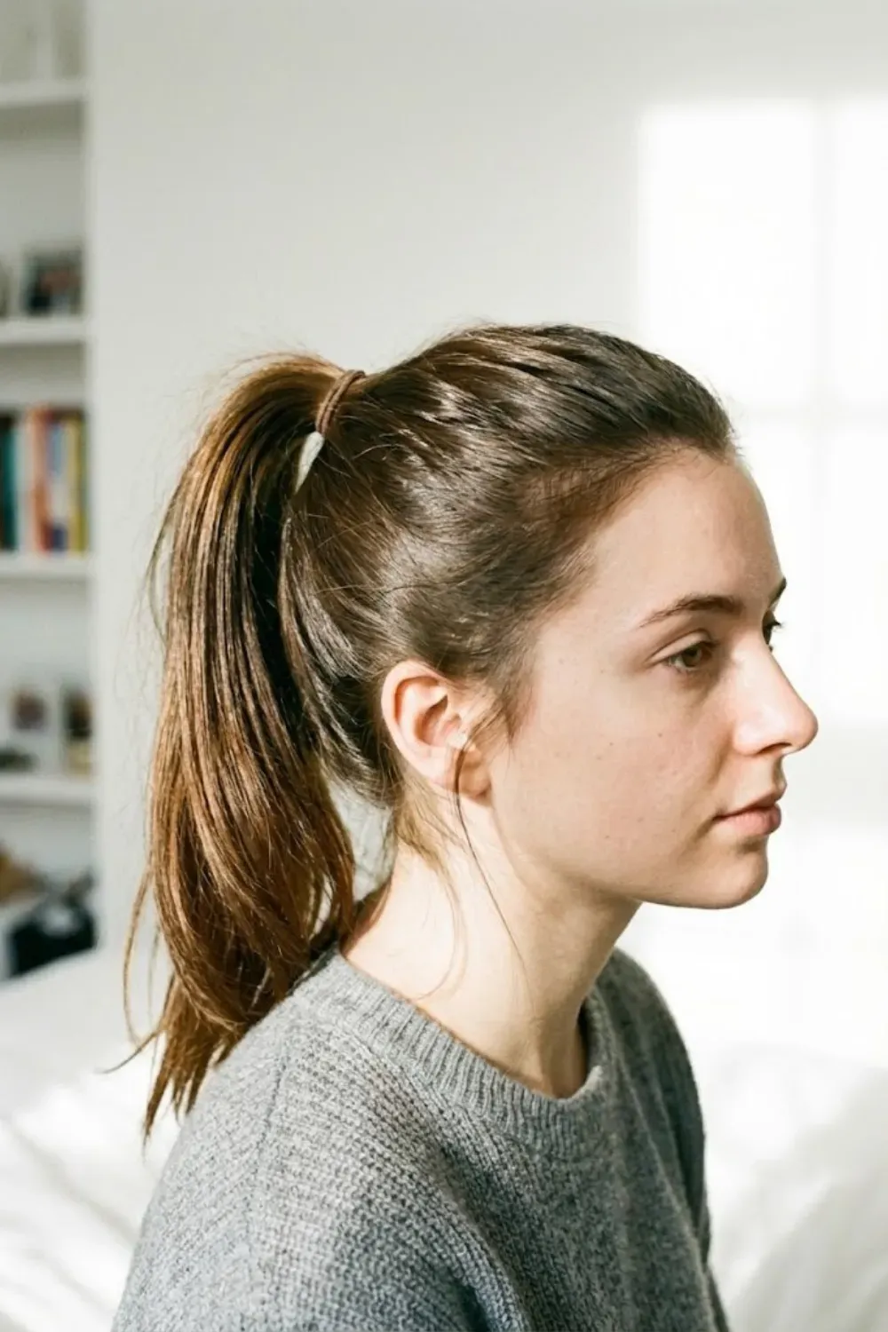 Classic High Ponytail for School - Girl with brown hair in a simple high ponytail, side profile, soft natural lighting.