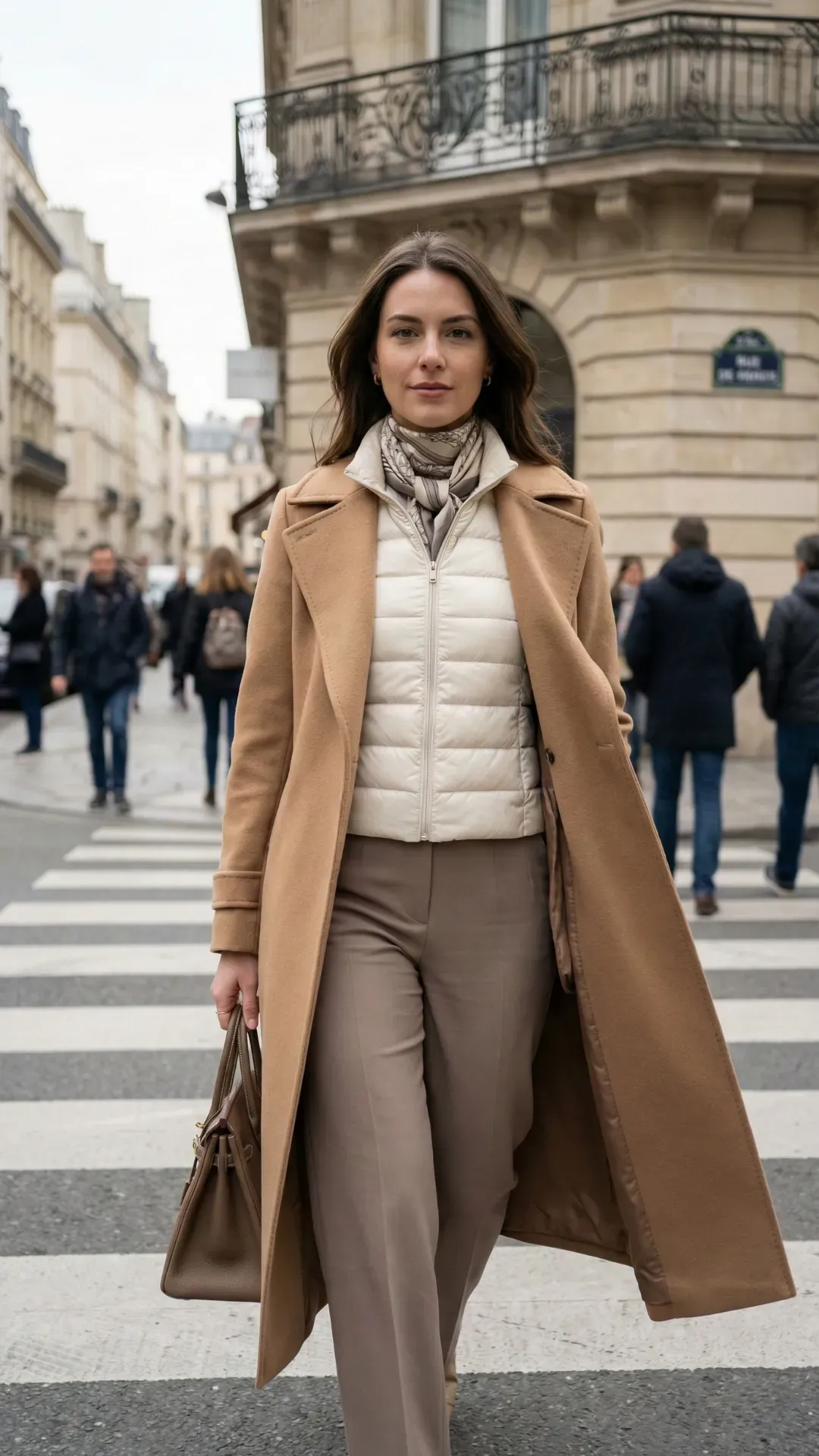 Camel Wool Coat & Silk Scarf Detail – Sophisticated European winter style with a camel coat, silk scarf, and layered down jacket.