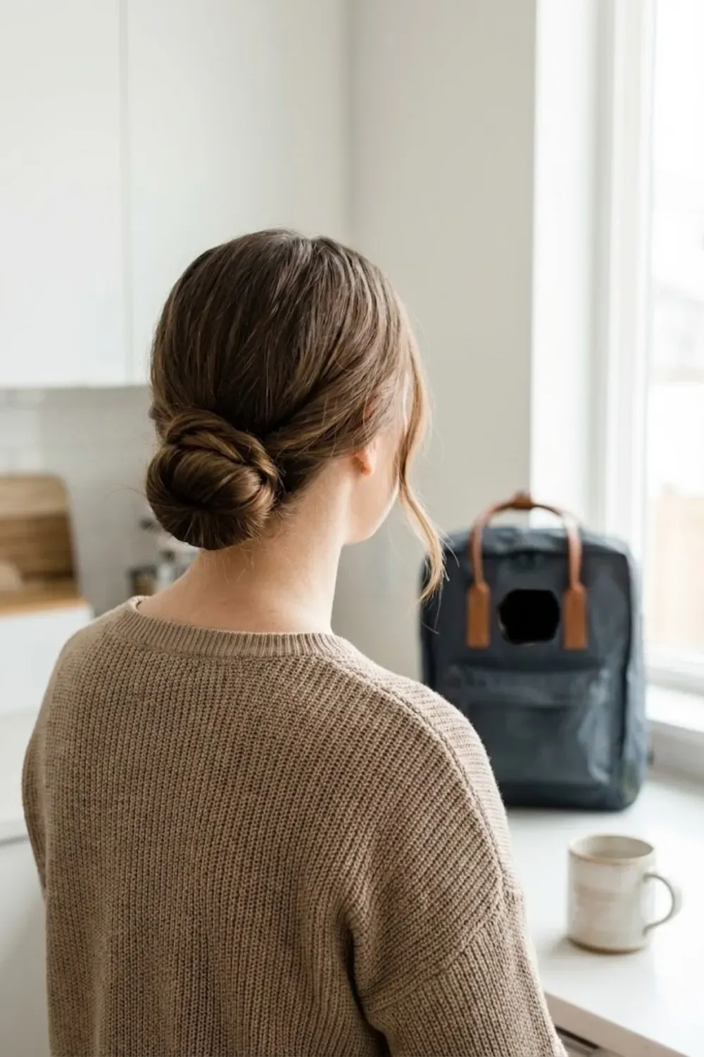 Minimalist Low Bun - Back view of a neat, twisted low bun on a girl looking out a window.