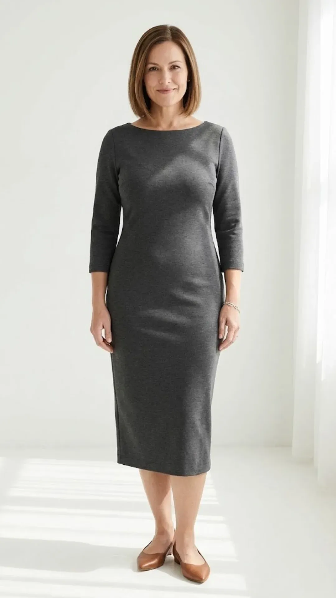 Best Fabrics for Busty Petite Women - Structured fabric outfit on a busty petite woman