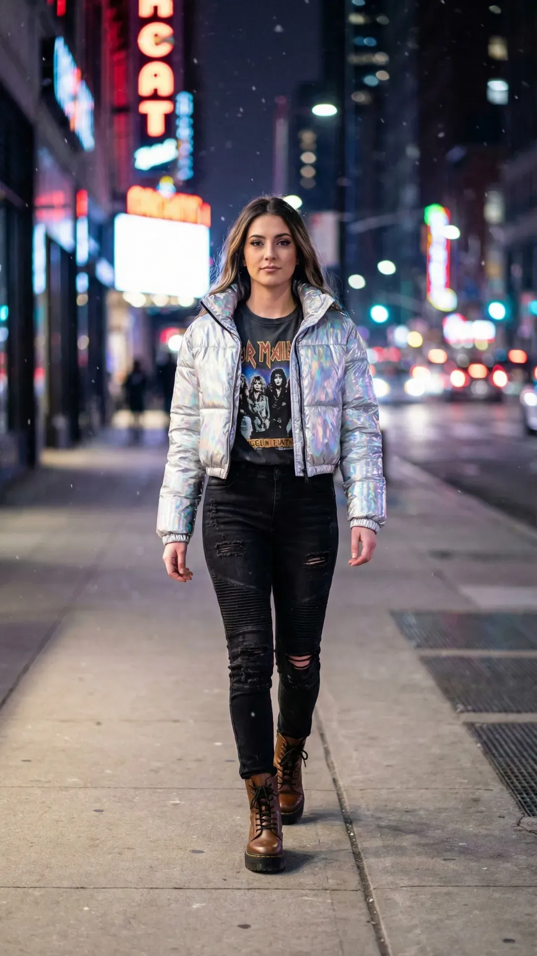 Holographic Silver Puffer Jacket – Young woman walking on a city street at night wearing a metallic silver puffer jacket and graphic tee.