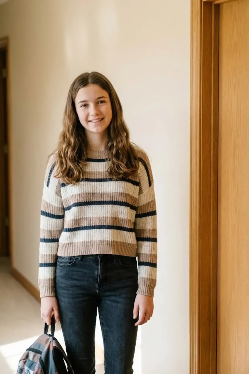 Natural Wavy Hair Down - Student standing in a hallway with long, healthy natural wavy hair worn down.