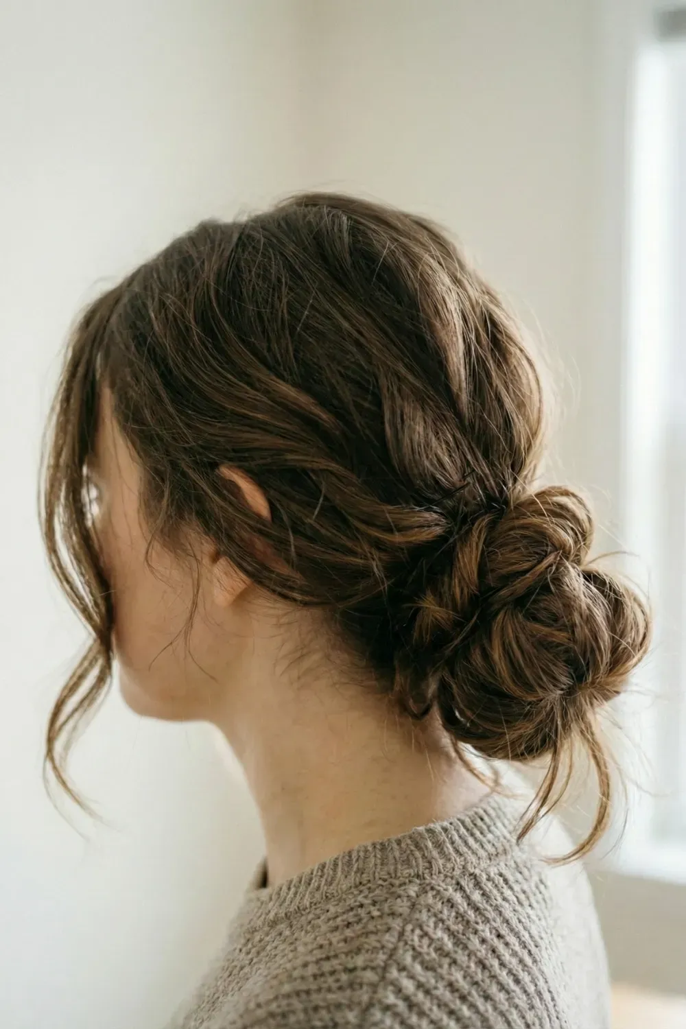 Textured Low Messy Bun - Close up of the back of a head showing a textured, twisted low bun hairstyle.