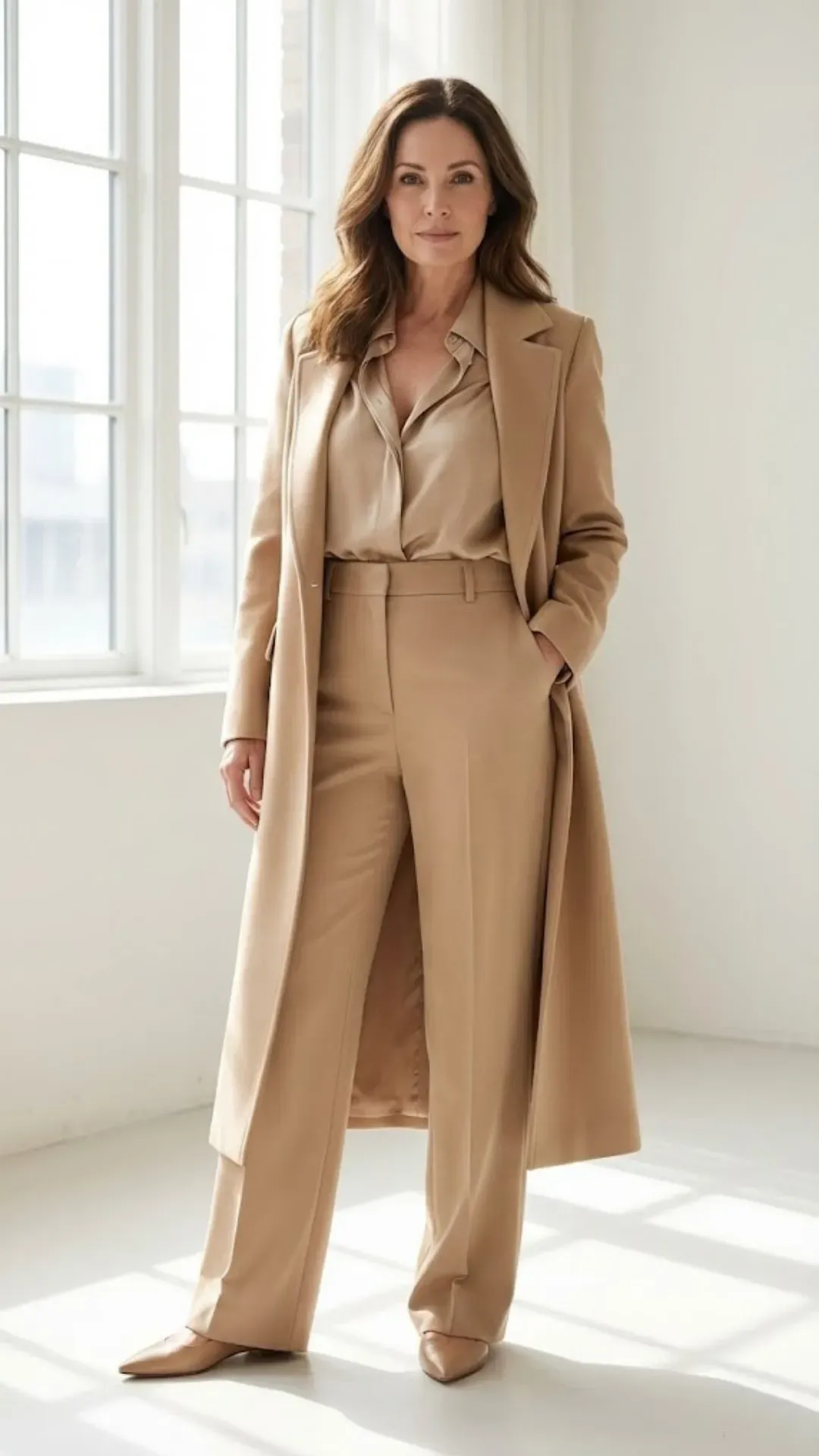 Monochrome Outfit for Petite Women Over 40 - Monochrome outfit flattering a busty petite woman