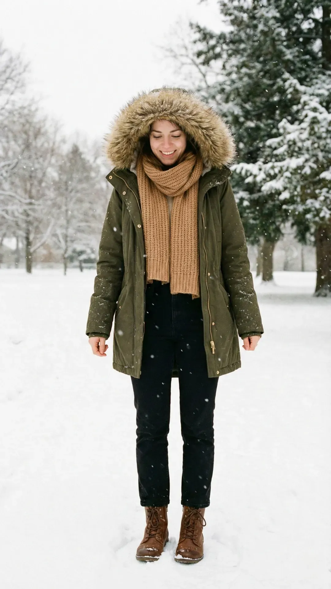 Olive Green Parka with Faux Fur Hood – Young woman standing in a snowy park wearing an olive green parka with a fur hood and chunky scarf.