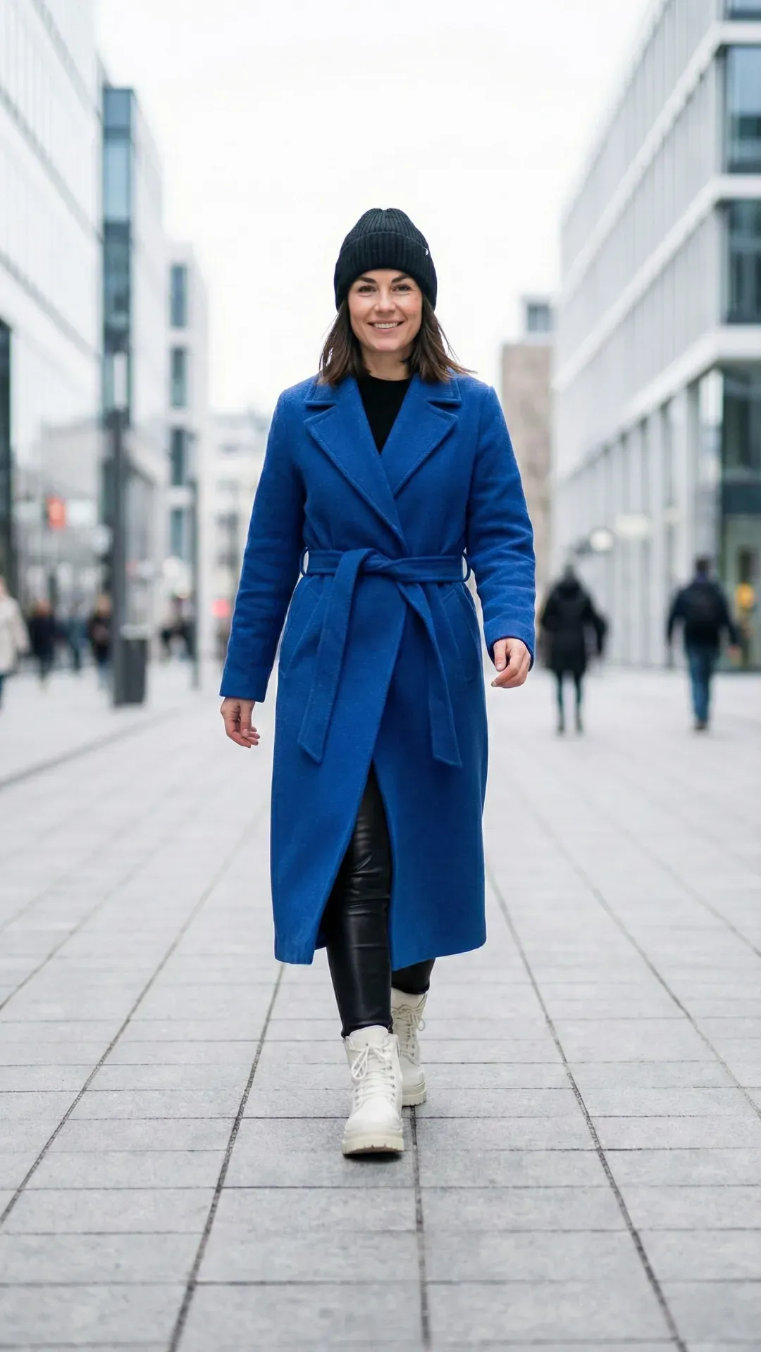Statement Cobalt Blue Wool Coat – Stylish woman walking in a modern city wearing a bright cobalt blue wool coat and beanie.